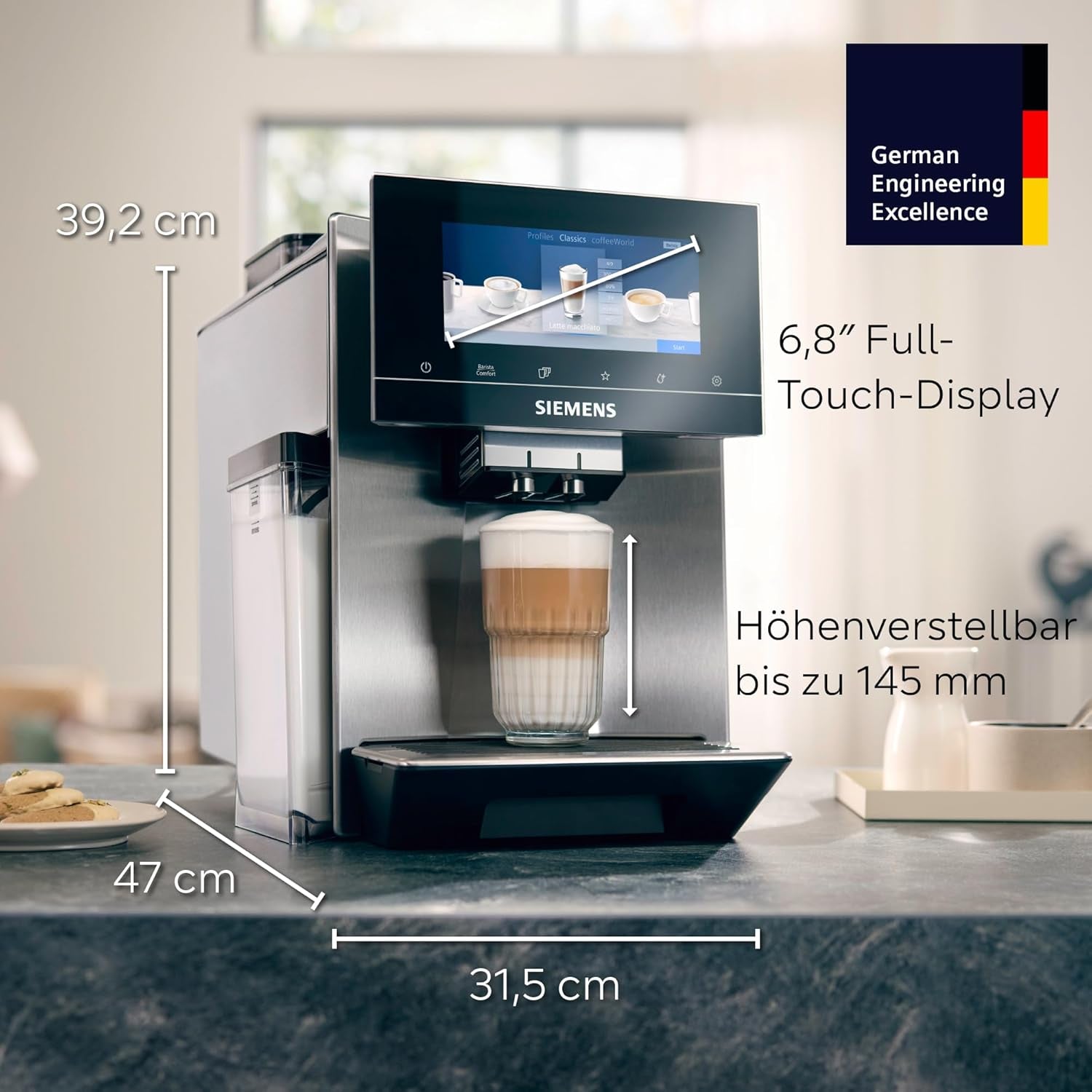 Machine à expresso automatique Siemens EQ900, grand écran couleur TFT, 2 réservoirs à grains, 36 boissons chaudes et froides, café froid, super silencieux, fonction deux tasses, contrôle par application, acier inoxydable, TQ907D03