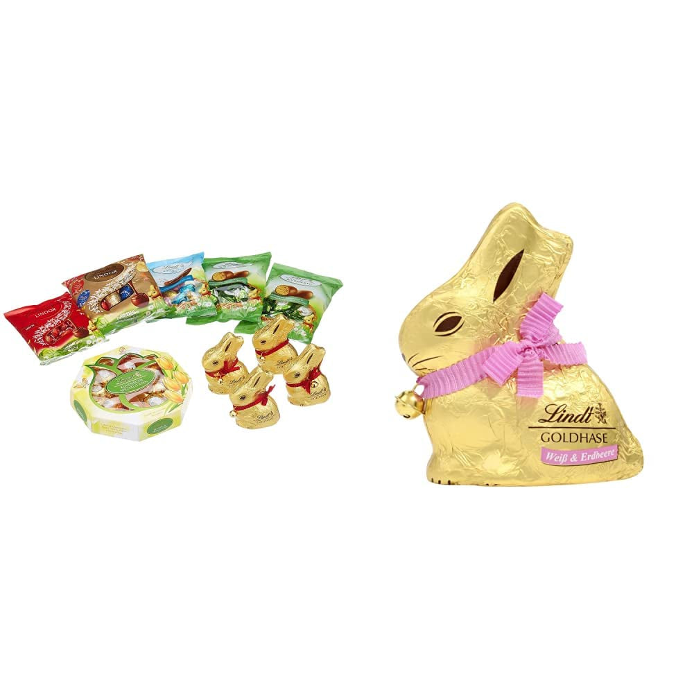 Ensemble de Pâques au chocolat | 894g | Contenu : Lapins dorés et Lapins dorés au chocolat | 100g de lapins dorés | Chocolat blanc premium avec morceaux de fraises en forme de lapin pour Pâques