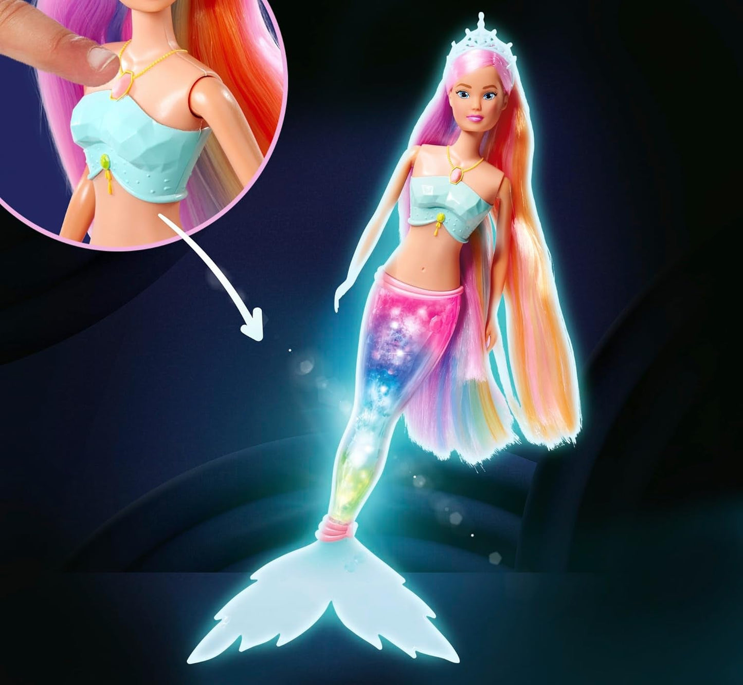Steffi Love Magic Rainbow Mermaid, poupée sirène avec fonction de lumière arc-en-ciel magique et cheveux extra longs, 39 cm, à partir de 3 ans