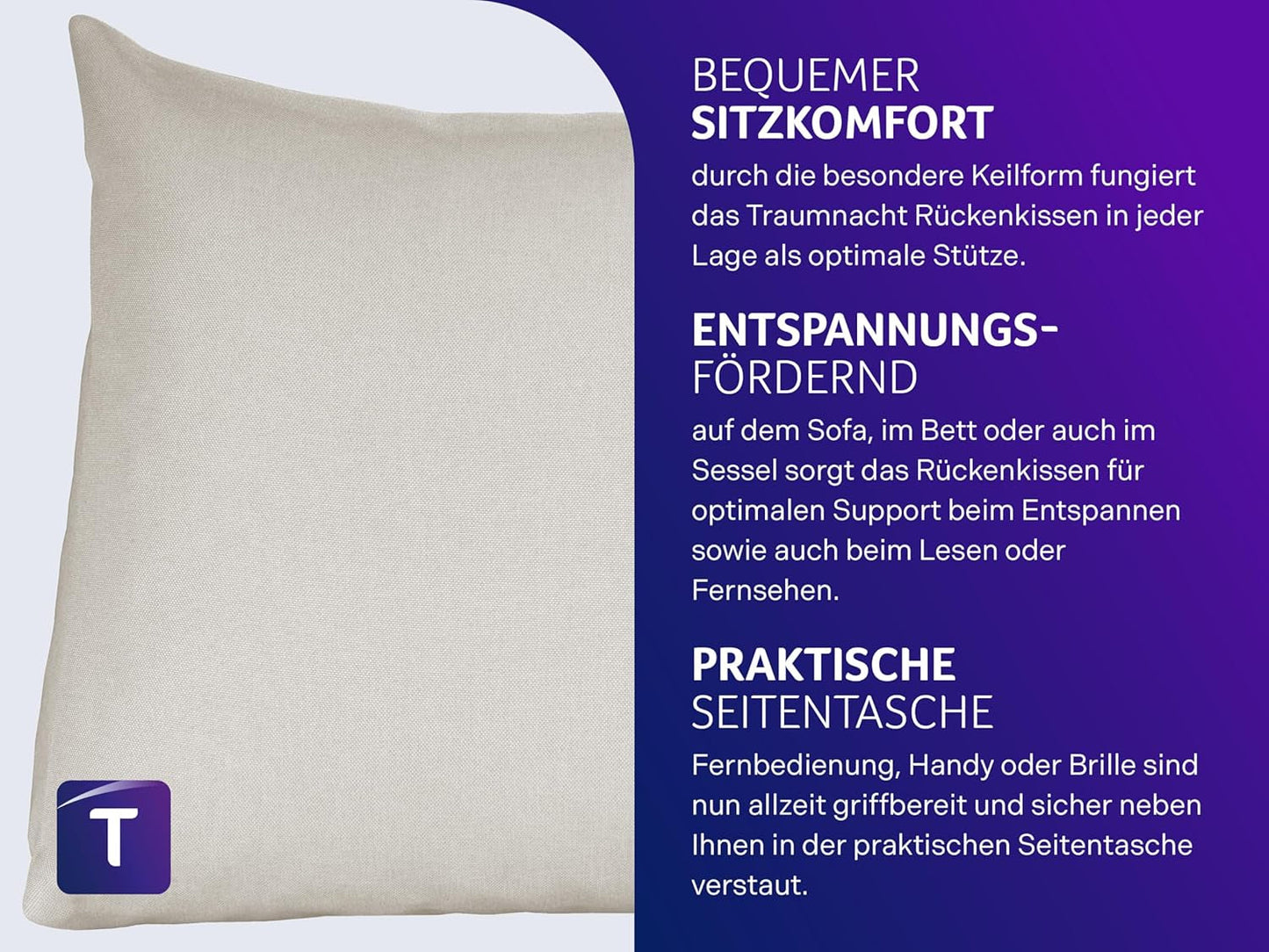 Traumnacht Cosy Back Oreiller de lecture 70 x 40 cm beige Housse amovible et lavable en 100 % polyester Poche latérale pratique Certifié Oeko-Tex Produit selon les normes de qualité allemandes
