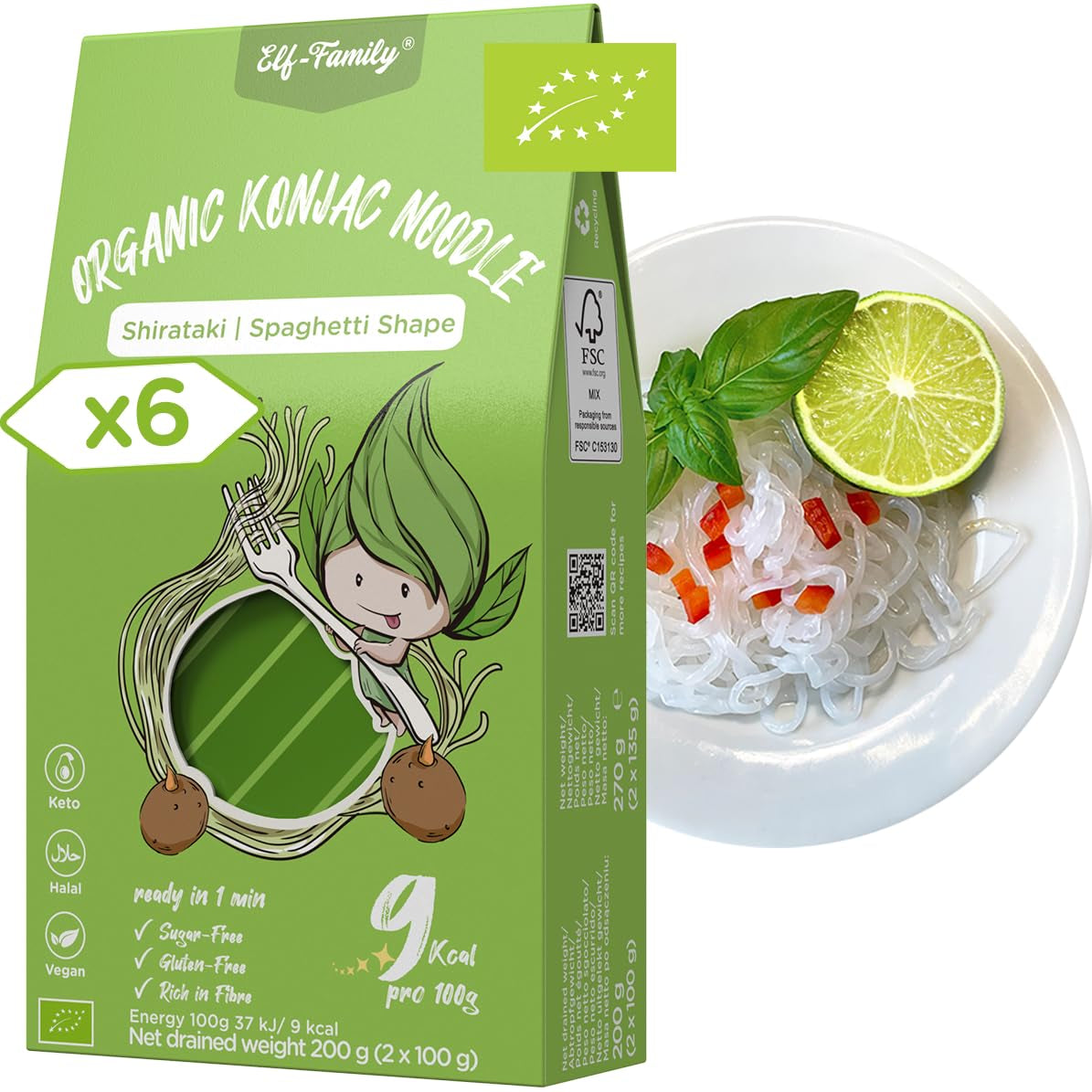 Elf-Family 270g x6er Box (paquet de 12) Bio Konjak Nudeln Ultra Low Carb Shirataki Nudeln Vegan Glutenfree-Instant Nudeln sans Kohlenhydrate/Keto/Kalorienarme/Fettfrei/Zuckerfrei -Spaghetti MHD : 12/11/2026