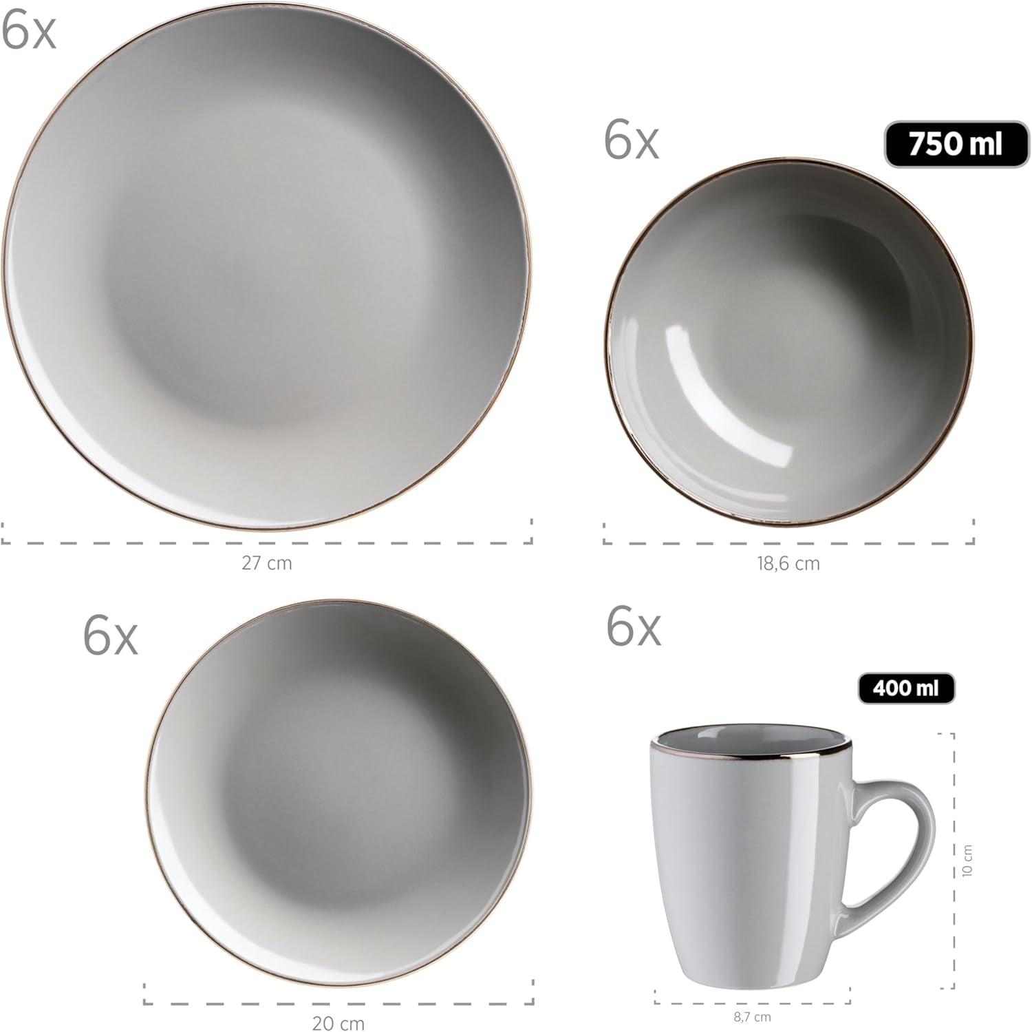MÄSER Structure en métal, Service de table moderne pour 6 personnes avec structure couleur laiton, Service combiné de 24 pièces avec tasses sans rebord, Grès, Gris