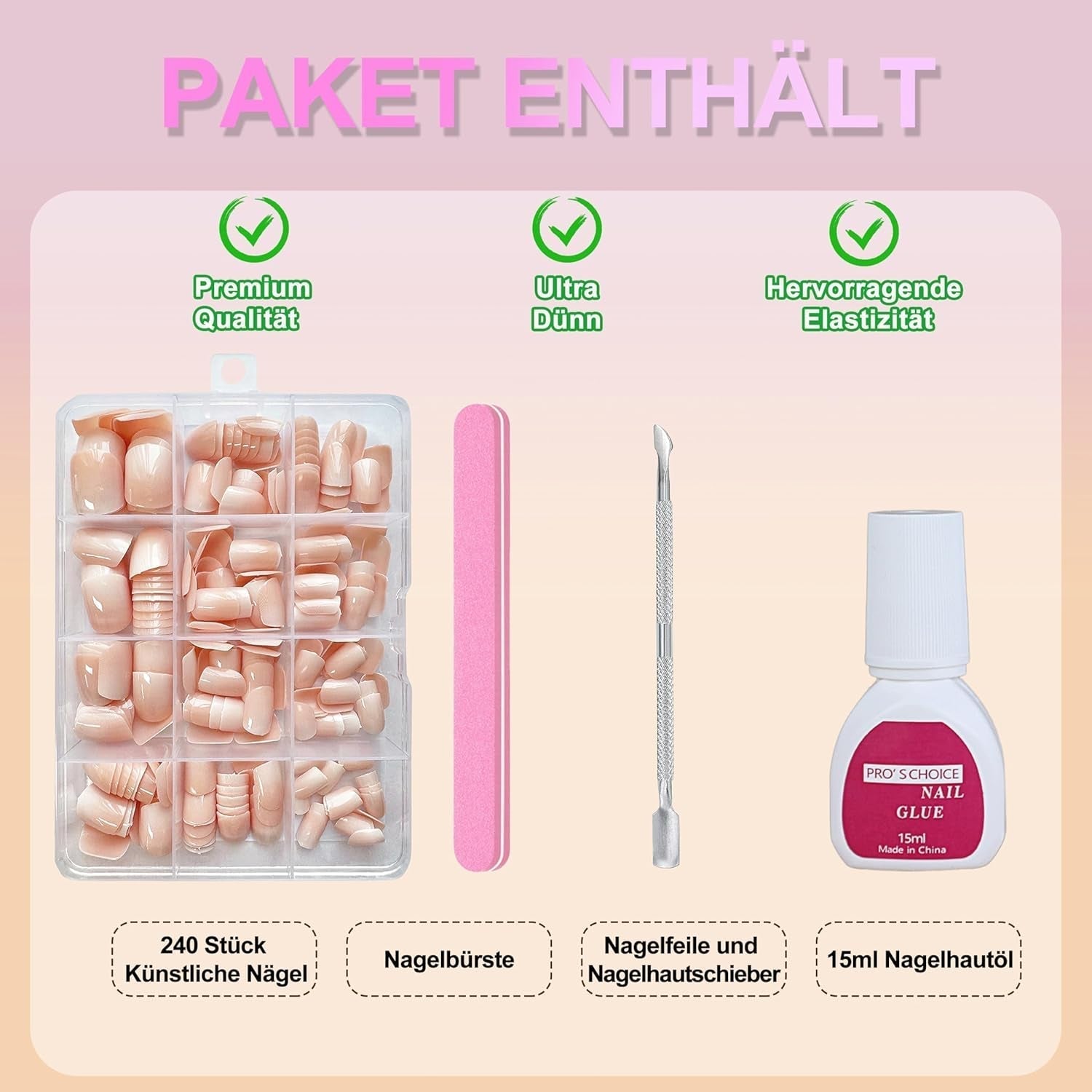 Lot de faux ongles – 240 pièces courtes et carrées, modèle en gel souple, dégradé de blanc nu, colle naturelle sur faux ongles pour femme, à faire soi-même (dégradé nu, 240X)