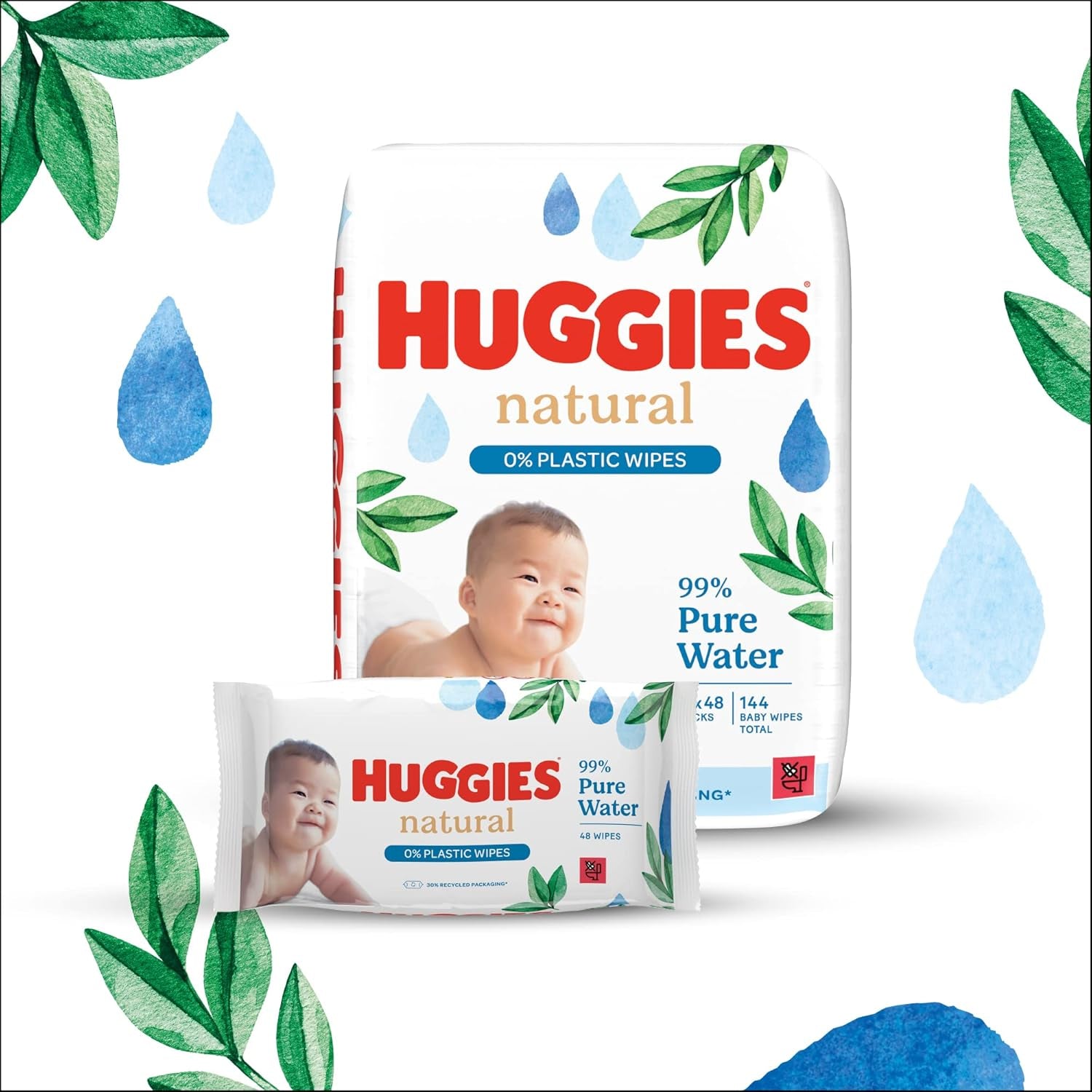 Lingettes humides naturelles biodégradables Huggies pour bébés sensibles, 8 x 48 lingettes, paquet en vrac