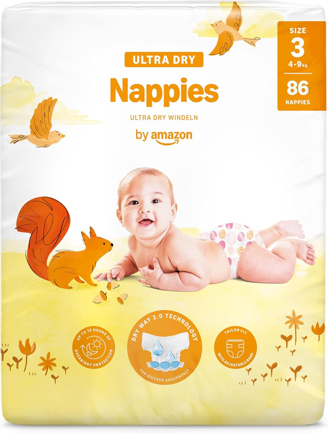 Couches Amazon Ultra Dry, taille 3 (4-9 kg) – Boîte mensuelle, blanche, 172 unités (2 paquets de 86) (anciennement Mama Bear, produit identique)