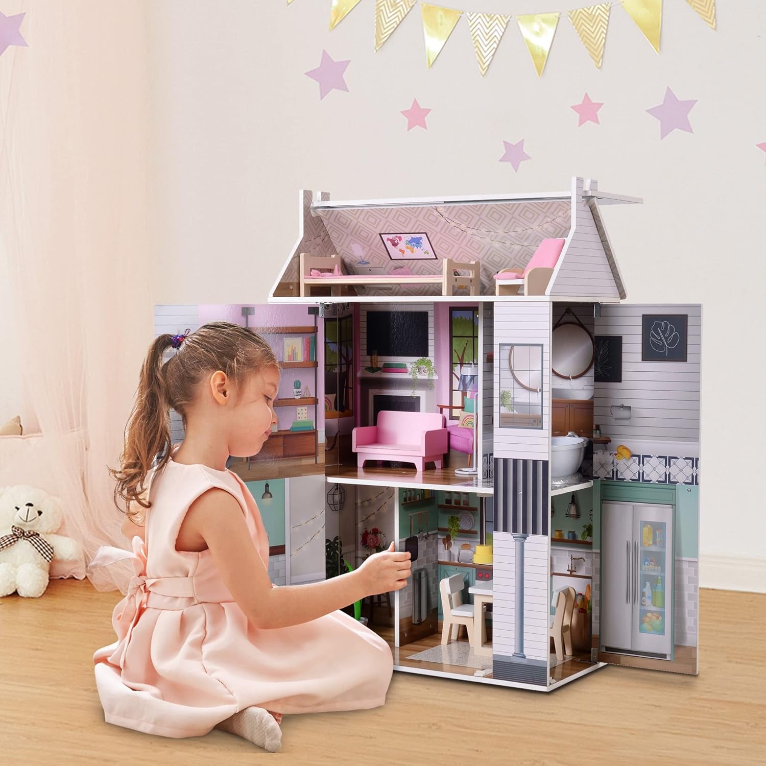 Olivia's Little World Dreamland Maison de poupée interactive en bois à 3 niveaux avec 13 accessoires de meubles de poupée Blanc TD-13632A