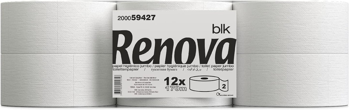 Papier toilette Renova Jumbo BLK, 12 rouleaux à 170 M, papier blanc, 2 couches