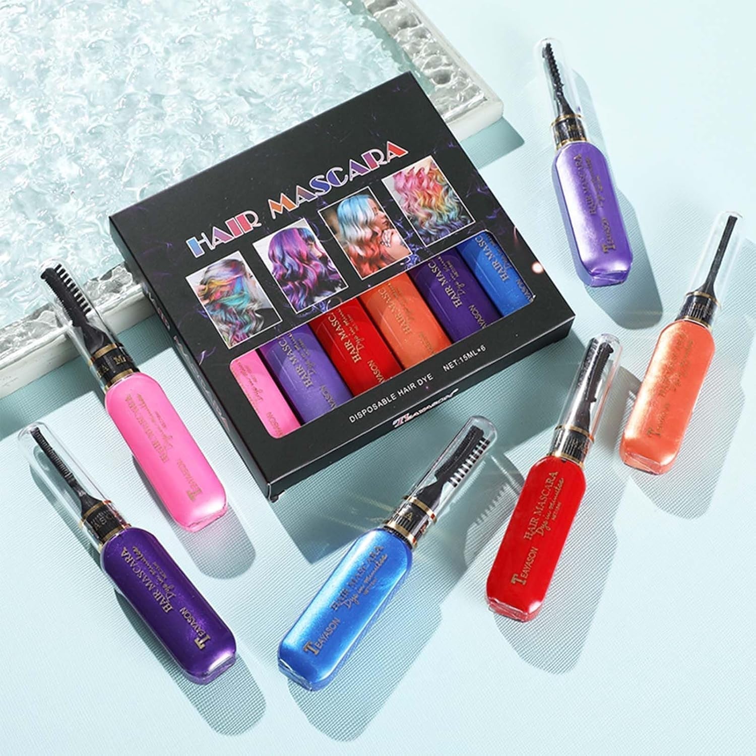 Teinture capillaire instantanée 6 couleurs Mascara capillaire temporaire pour filles et femmes Craie capillaire lavable Mascara capillaire arc-en-ciel Teinture capillaire pour carnaval Halloween Cosplay fête anniversaire (A) Naty Shop Coloration capillaire