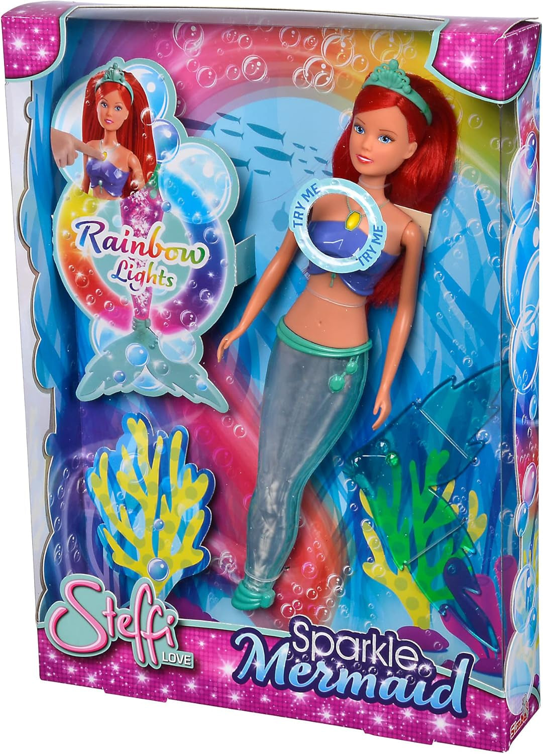 Simba 105733656 - Poupée Sirène Étincelante Steffi Love (39 cm) - Jouet imperméable arc-en-ciel lumineux à couleur changeante pour enfants de 3 ans et plus