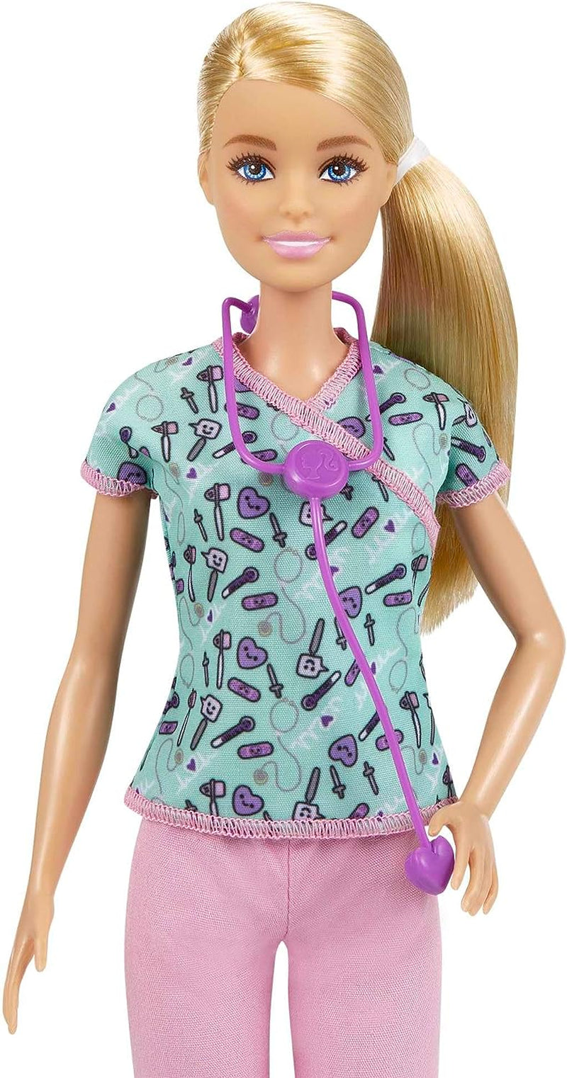 GTW39 Poupée Barbie - Infirmière (environ 30 cm) avec haut imprimé et pantalon rose, chaussures blanches et stéthoscope, excellent cadeau pour les enfants à partir de 3 ans