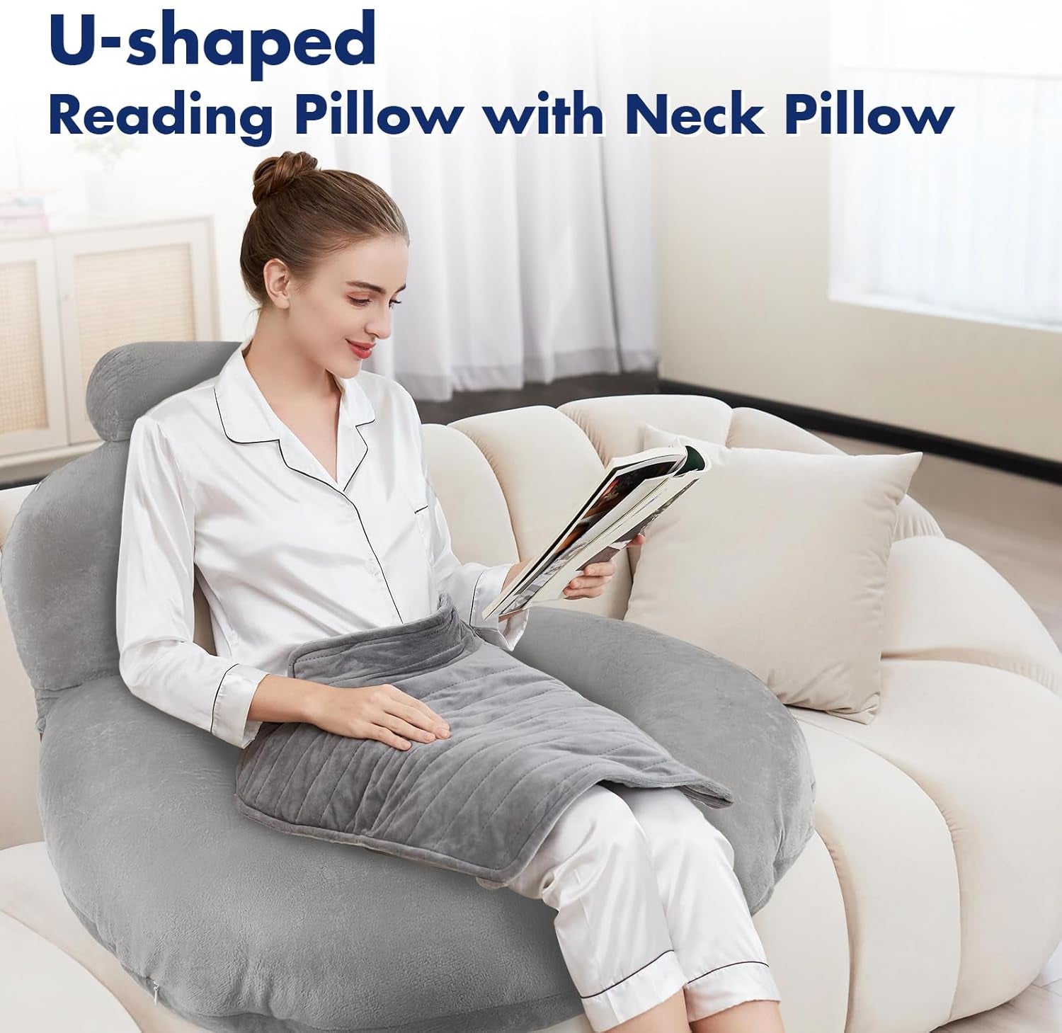 Oreiller de lecture, oreiller de dos en forme de U avec oreiller cervical, oreiller de jeu gris, oreiller pour lire, jouer, travailler, se reposer