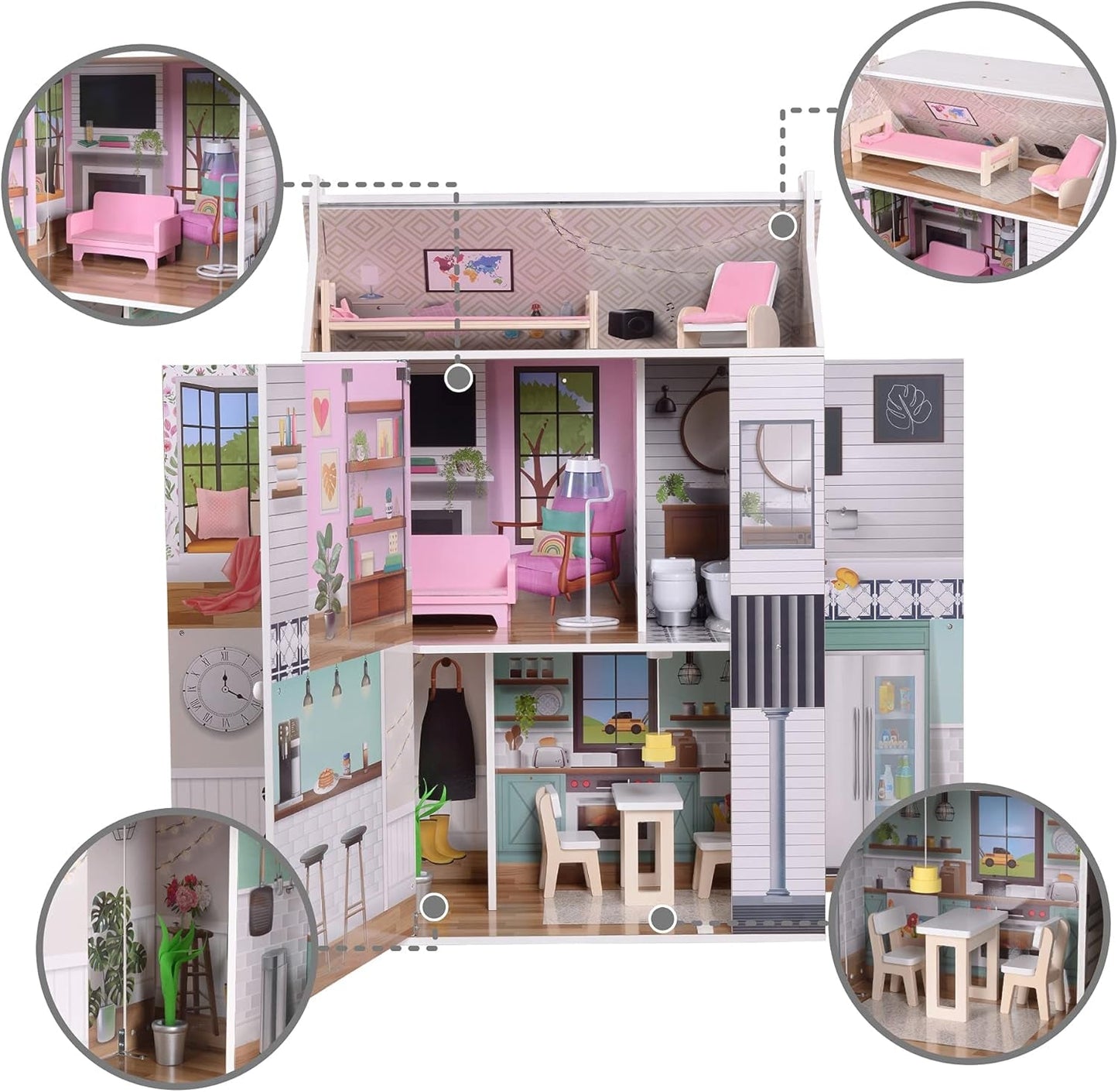 Olivia'S Little World Dreamland Farmhouse Maison de poupée interactive en bois pour enfants 3 étages avec 13 accessoires de meubles de poupée Blanc TD-13632A Maisons de poupées Naty Shop