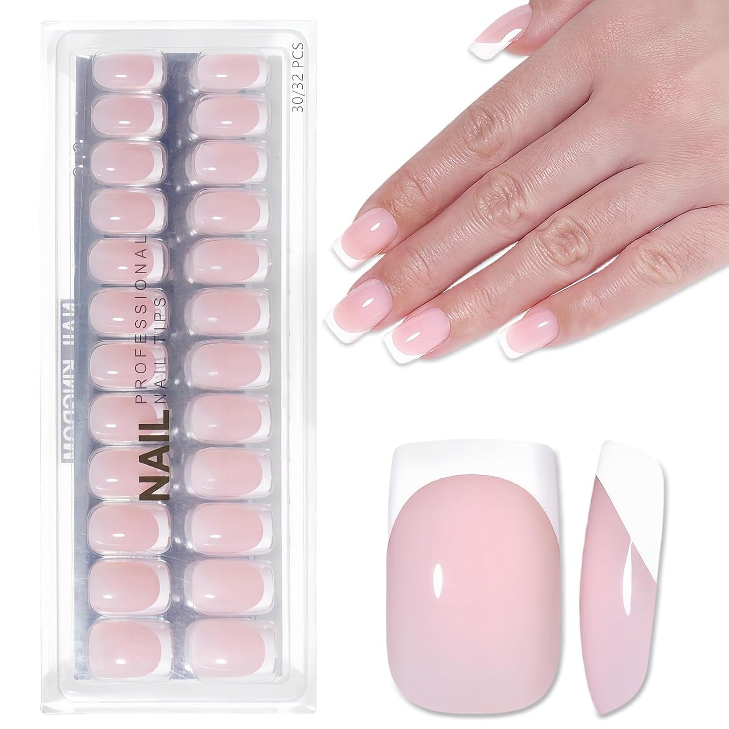 Ongles français autocollants rose clair – 32 pièces à coller sur ongles français – Faux ongles carrés courts – Colle respirante sur ongles artificiels – Faux ongles à couverture complète pour femme (rose clair)