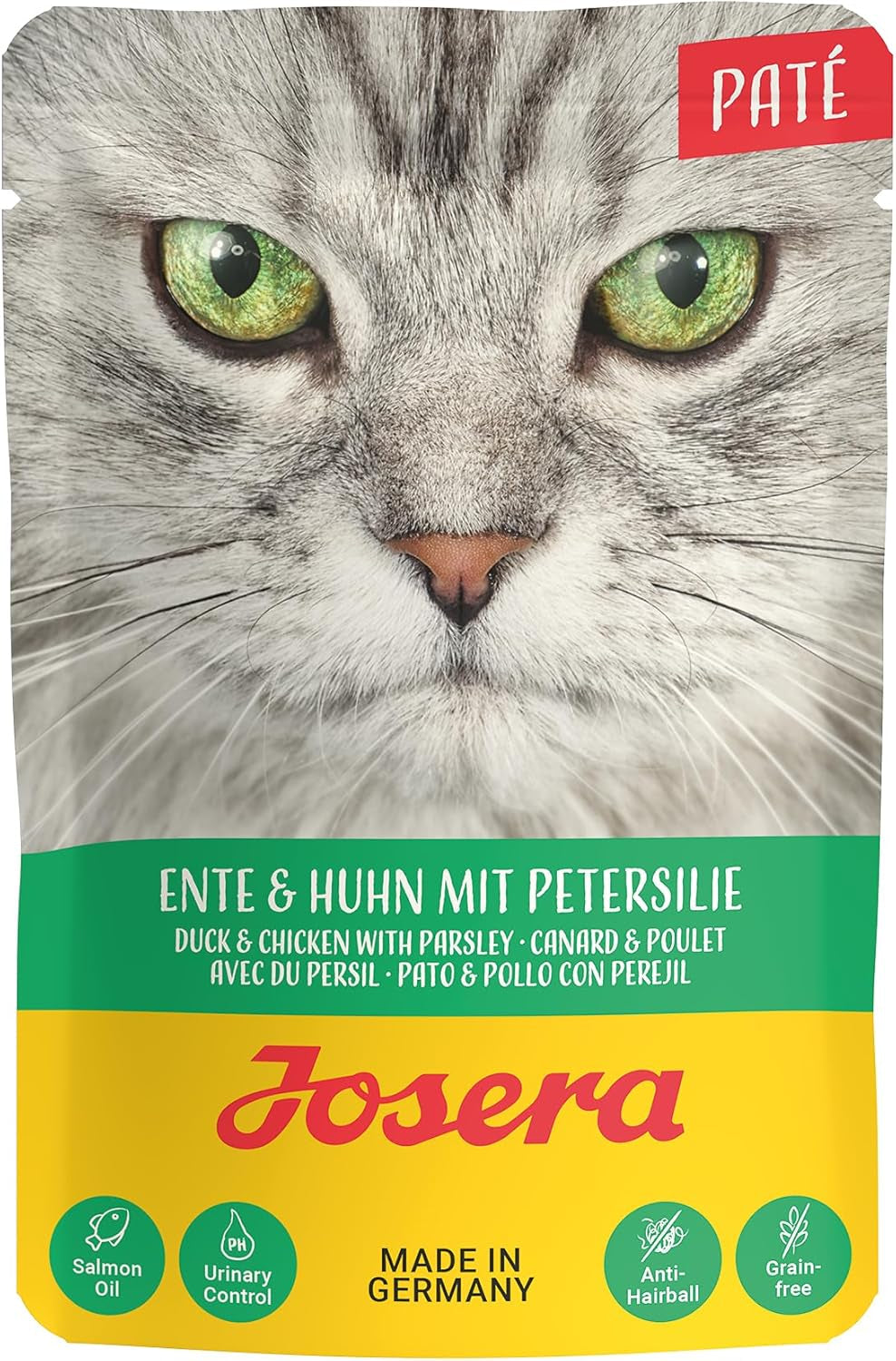 JOSERA Pâté de canard et poulet au persil (16 x 85 g) | Adulte | Nourriture humide premium pour chats adultes | Pâté de canard et poulet | Huile de saumon | Pas de céréales | Nourriture humide pour chats en sachets frais | Paquet de 16