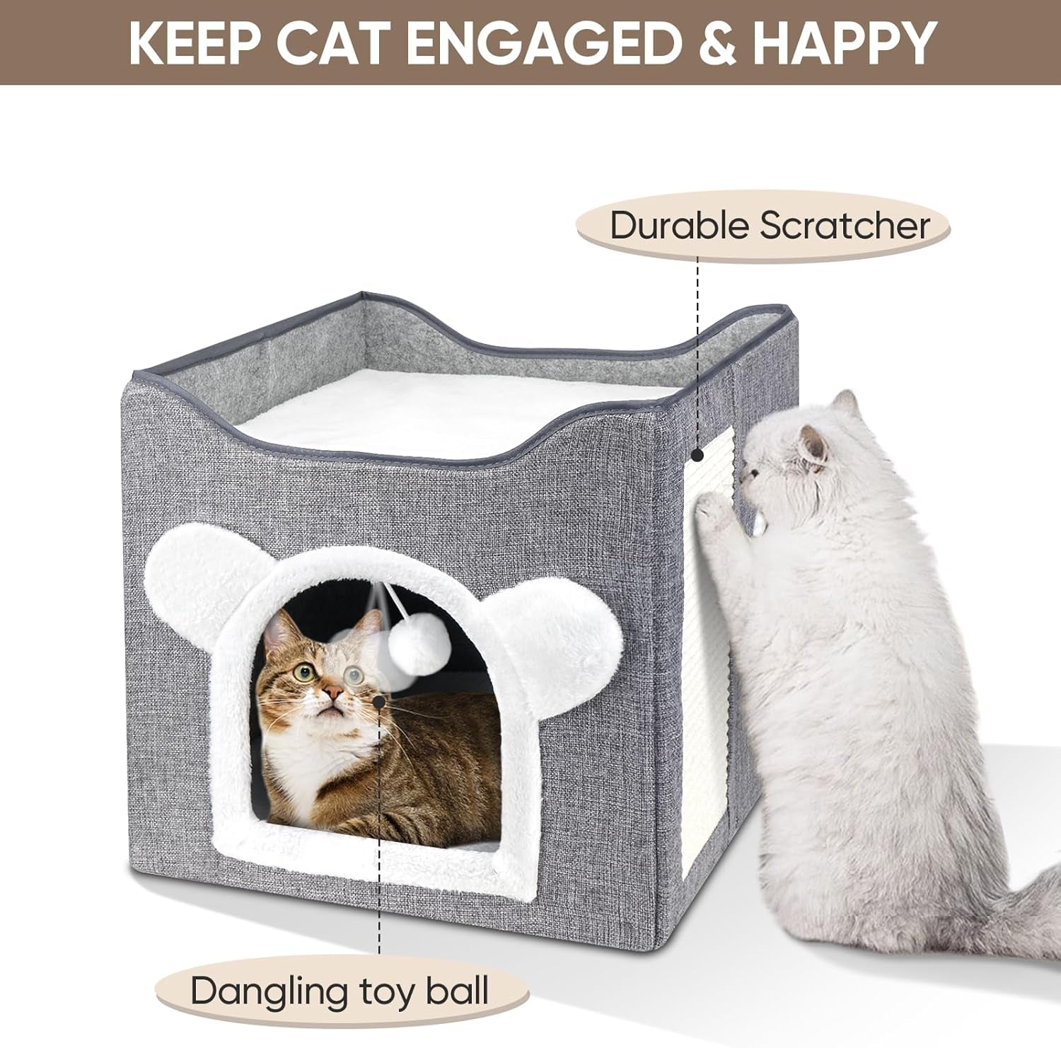 Katzenbetten für Indoor Katzen, Faltbares Katzenhaus, Katzenhöhle 2 Schicht Würfel Großer Raum Katzenbett mit Kratzbrett et Spielball, 15,8 x 15,8 x 15 pouces
