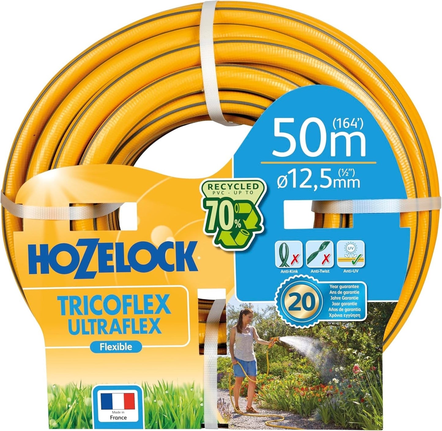 HOZELOCK - Tuyau Tricoflex Ultraflex Ø 12,5 mm (1/2") 20 M : Tuyau d'arrosage flexible, résistant aux intempéries, résistant à la torsion et à la flexion, composé à 40 % de PVC recyclé [117002], jaune