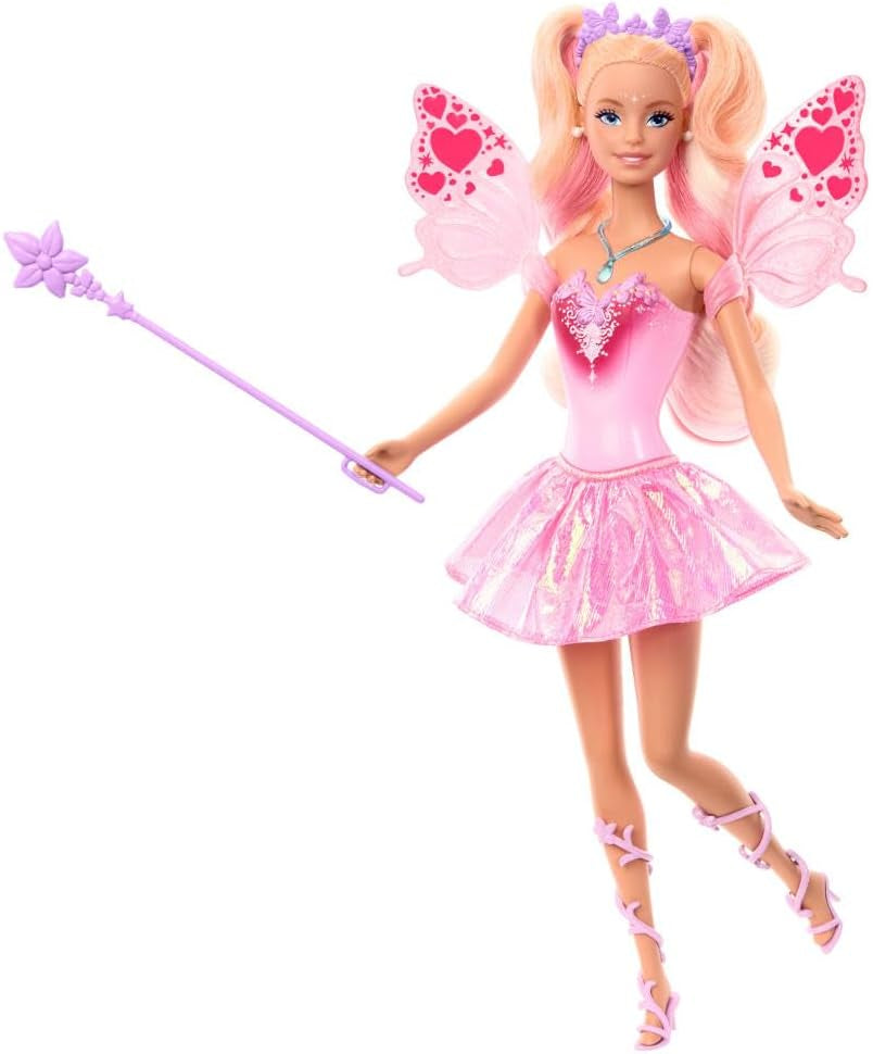 Mattel Poupée Barbie avec baguette magique et accessoires de mode, thème fantastique avec ailes et tenue changeante de couleur, JCP76, [multicolore]