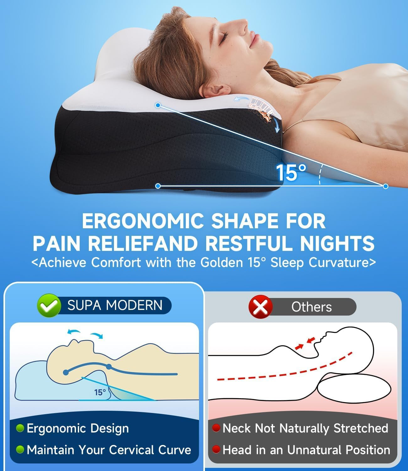 SUPA MODERNE Oreiller en Mousse à Mémoire Oreiller Rafraîchissant pour Dormeur Latéral 60X40 Orthopédique Côté Dos Ventre Cou Soulagement des Douleurs Cervicales Oreillers Cervicaux Orthopédiques Naty Shop