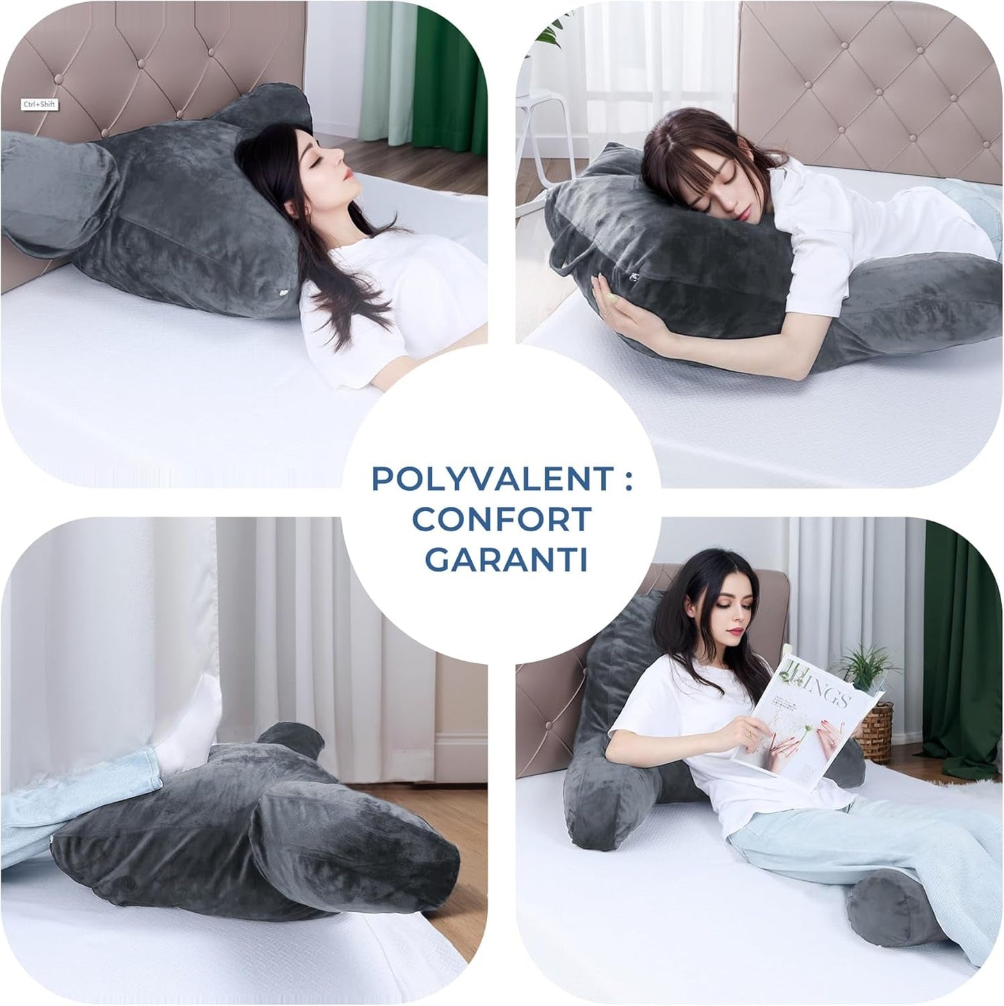 Oreiller de lecture ergonomique INFANTIA avec accoudoirs, support dorsal, grand, gris