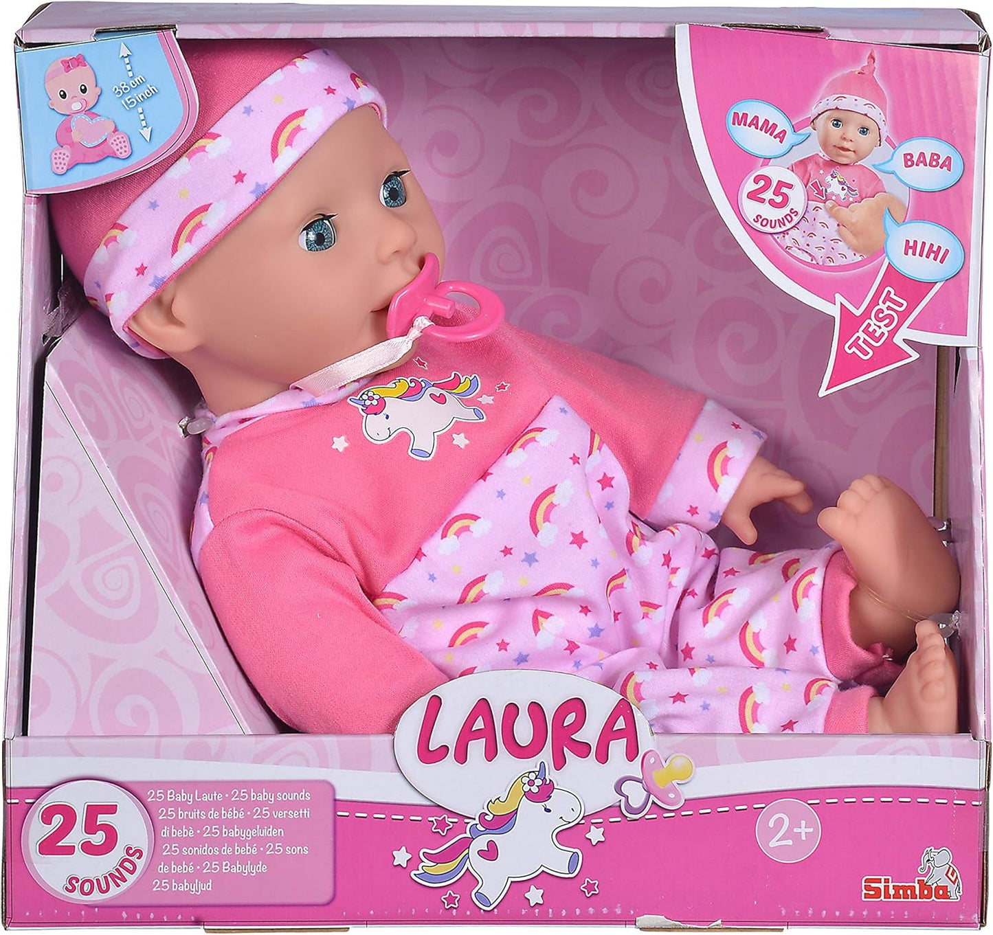 Simba 105140060 - Poupée au corps doux Laura Tickle Baby avec matelas arc-en-ciel, émet 25 sons de bébé, 38 cm, poupée à partir de 2 ans