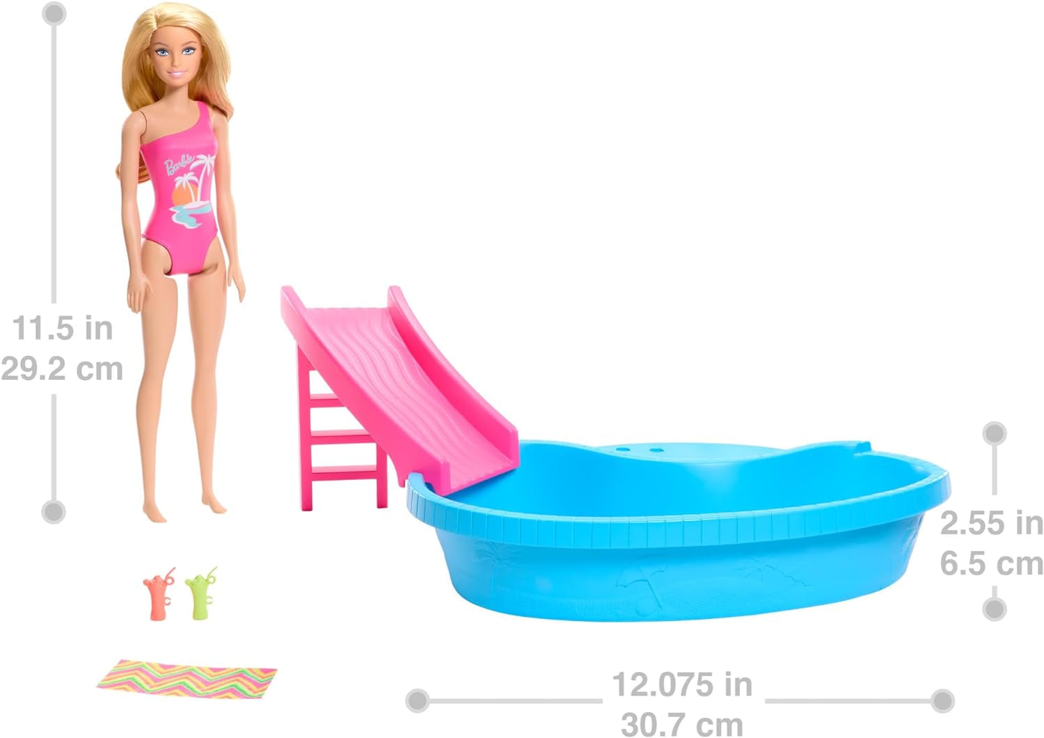 Poupée Barbie et accessoires - piscine avec toboggan et accessoires pour des heures de plaisir au soleil, maillot de bain rose au design tropical, pour enfants à partir de 3 ans, HRJ74 Naty Shop Dollhouses