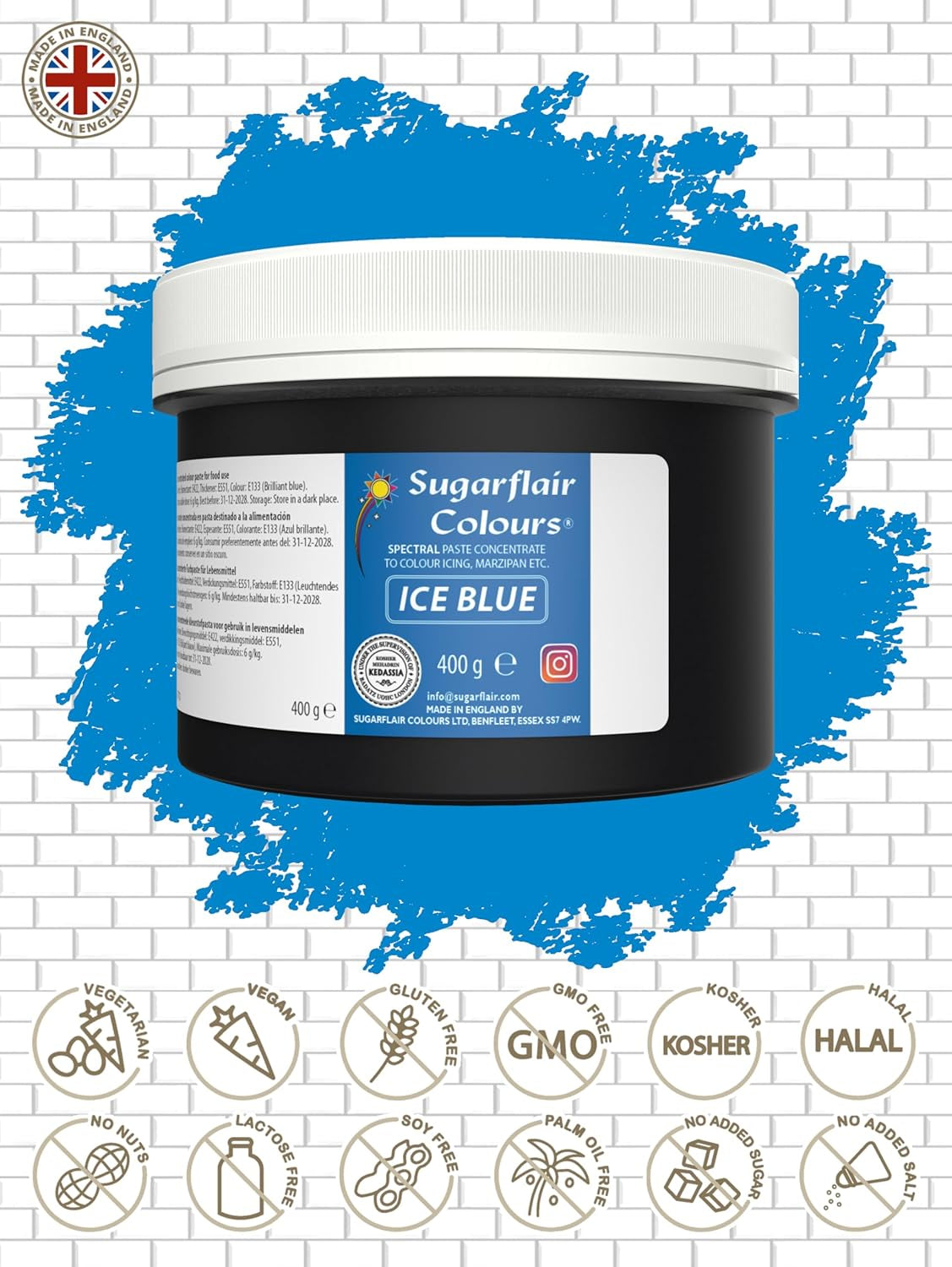 Colorant alimentaire pour pâtes Sugarflair Ice Blue, colorant alimentaire fondant et pâte d'amande, pâtes concentrées spectrales - 400 g