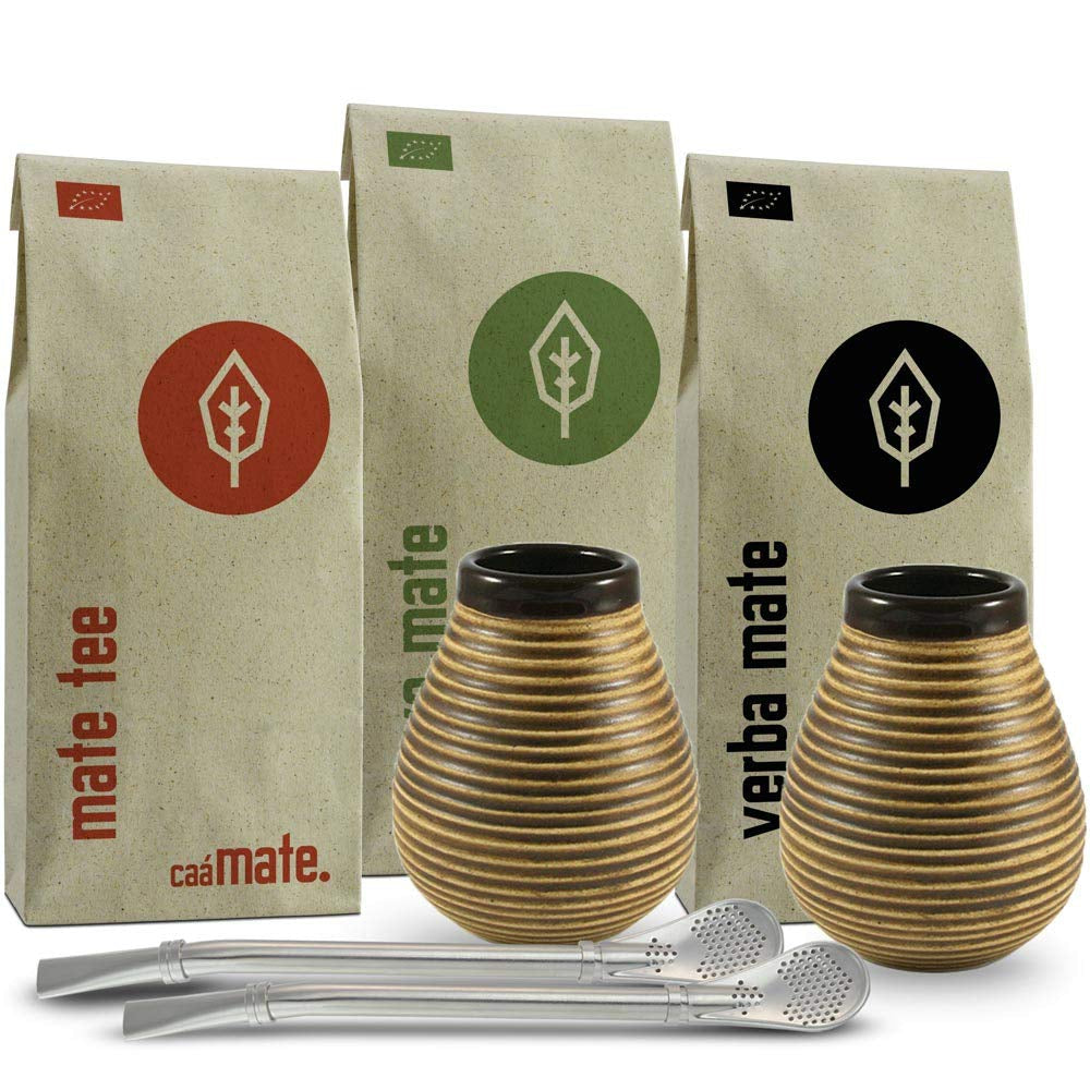Service à thé maté pour deux, bio ● 2 tasses à maté + 2 bombillas + 300 g de thé maté + notice de préparation