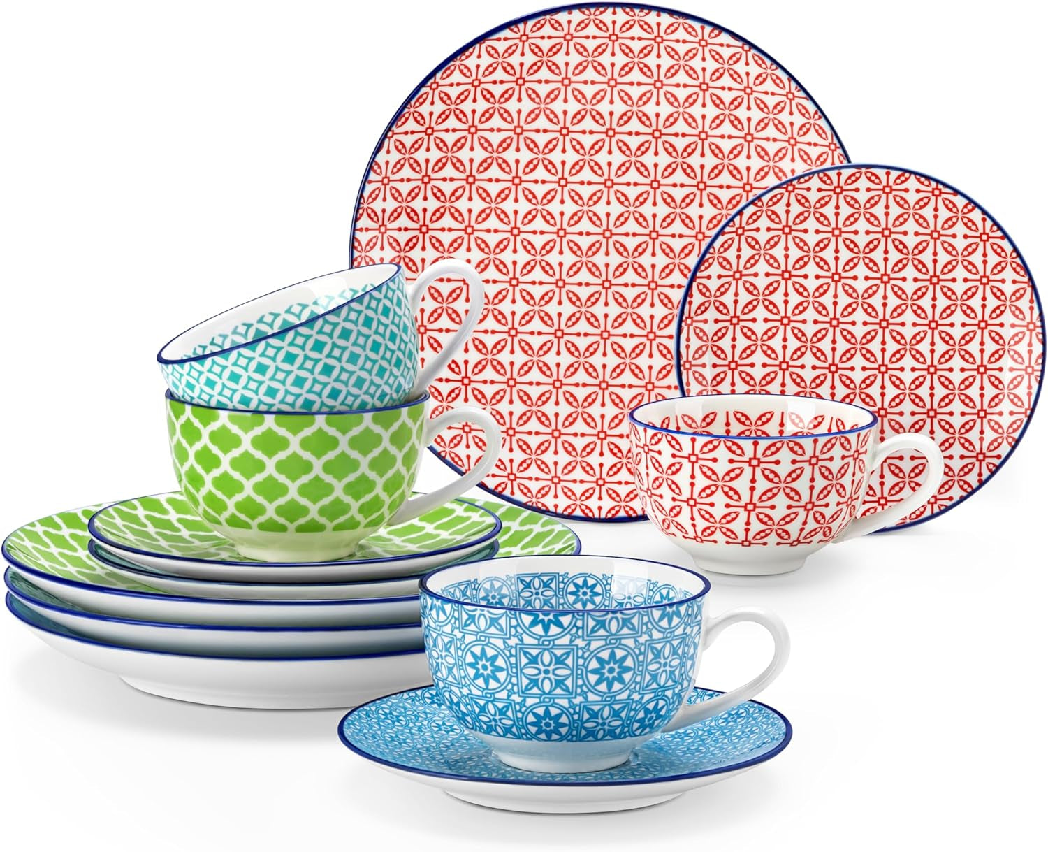 Vancasso Macaron Service à café en porcelaine, service à café coloré 12 pièces pour 4 à 12 personnes, ensemble de tasses, comprend des tasses à café, des soucoupes et des assiettes à dessert