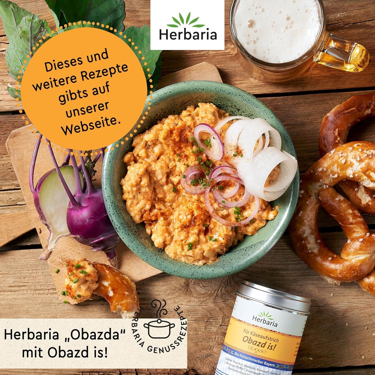 Herbaria Obazd is! bio 90g M-Dose – Bio-Gewürzmischung bayerischen Biergartenklassiker Obazda – für Brotaufstriche, Käsegerichte, Käsefondue – Raclette Gewürz - in nachhaltiger Aromaschutz-Dose