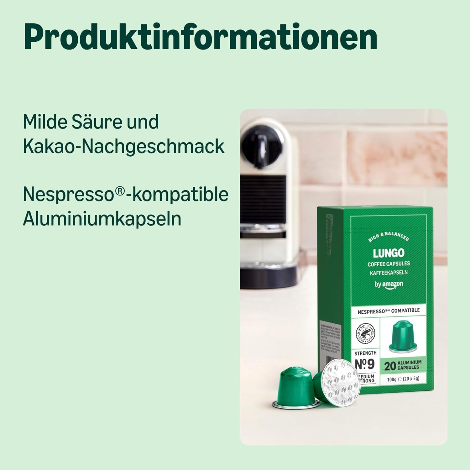 by Amazon Lungo Capsules de café en aluminium, compatibles avec Nespresso, avec des tasses, 100 pièces (5 paquets avec 20 pièces) – Certifié Rainforest Alliance