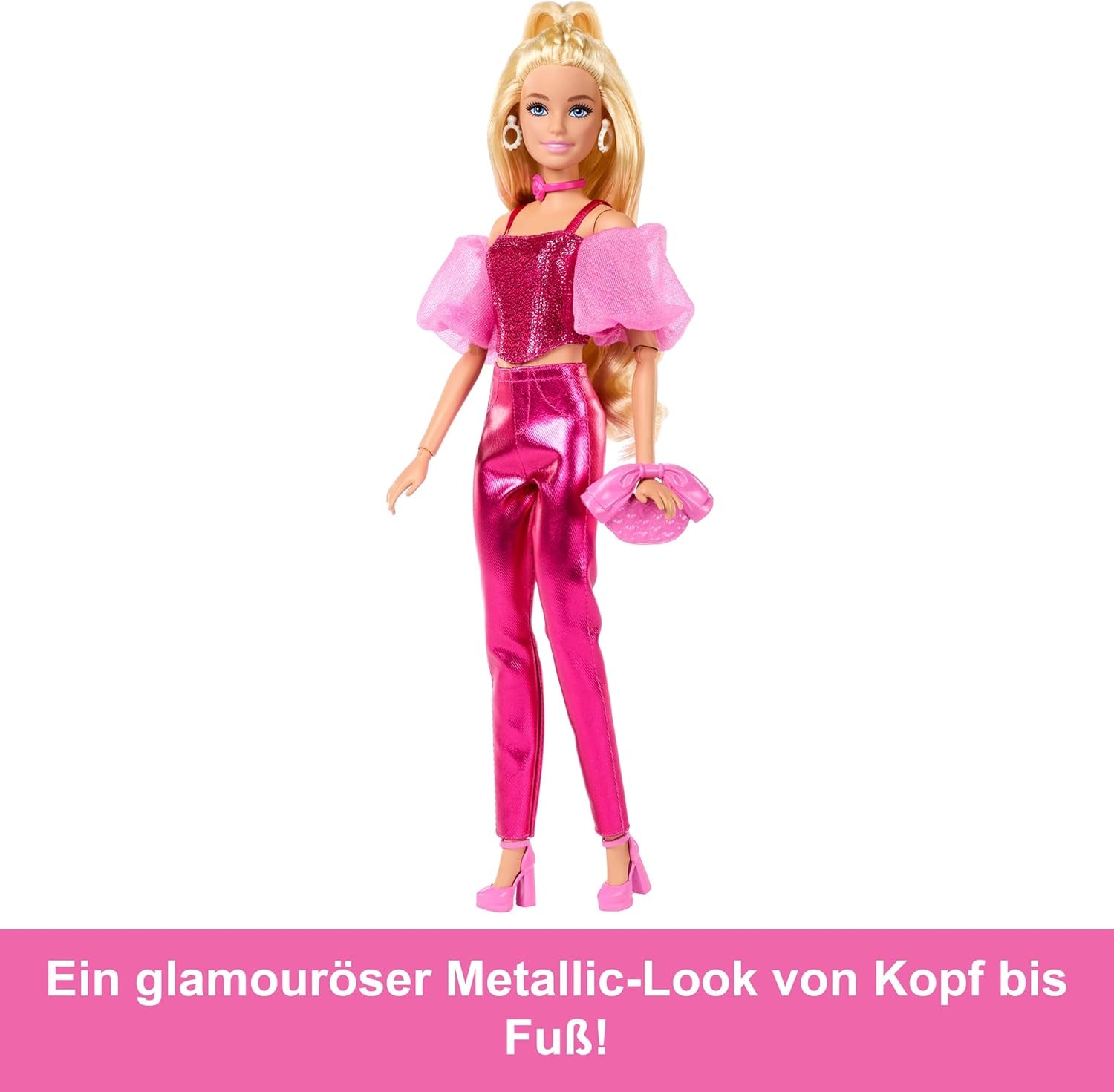 Poupée Barbie Deluxe Style #5 dans une tenue blonde rose métallisée avec un haut corsage scintillant et un pantalon scintillant, avec des accessoires dont un collier rose et un sac à main, JFP40