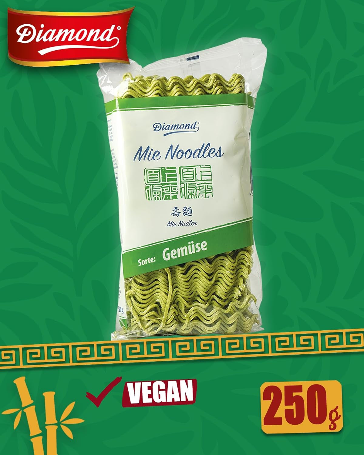 Nouilles végétales DIAMOND Mie, nouilles de blé avec poudre végétale, sans œufs, rapides et faciles, végétariennes - 1 x 250 g