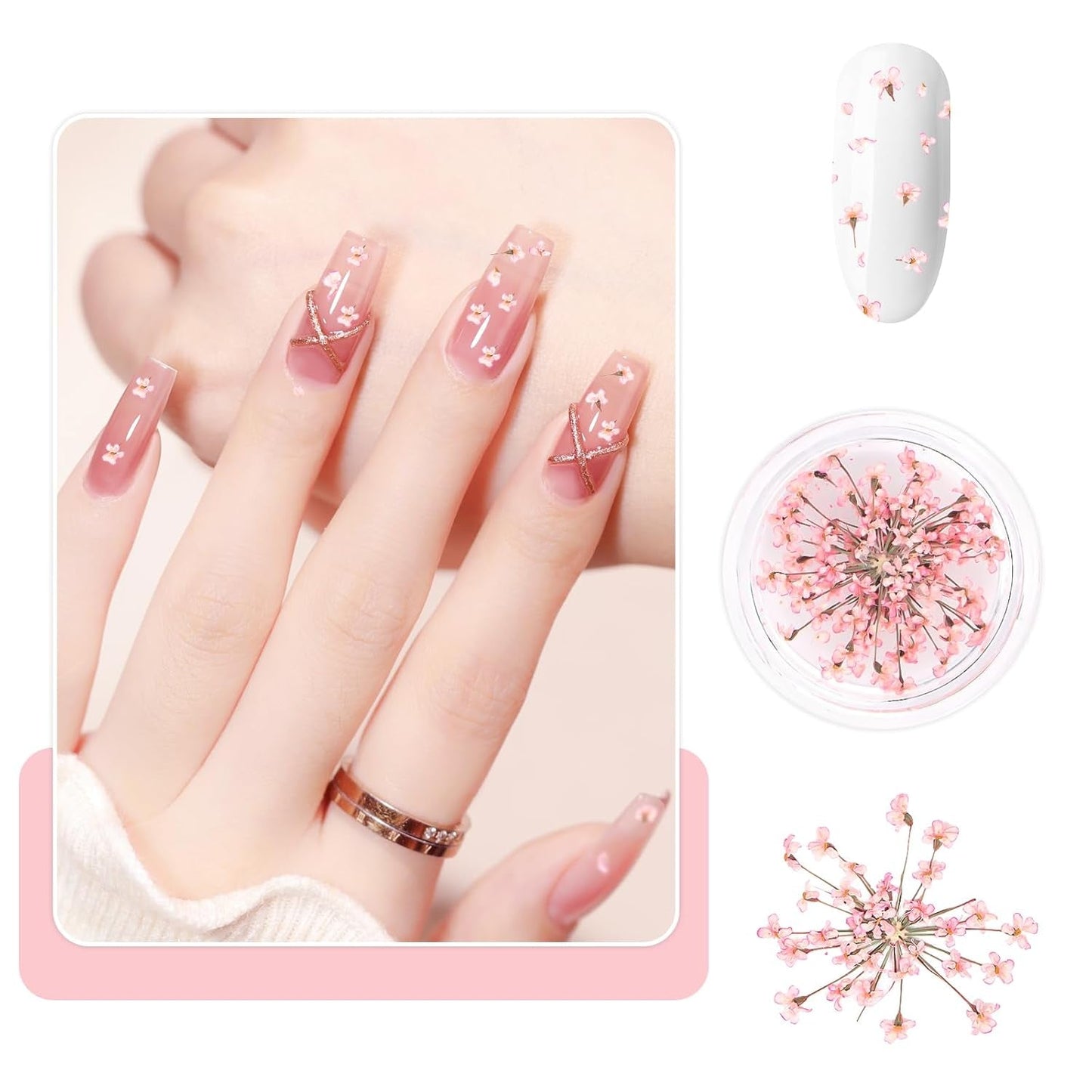 Nail Art Flowers Set Décoration - Gelnägel Zubehör 3 Farben (Orange, Blassrosa, Rose), Nail Art Aufkleber Trockene Blumen Kit Getrocknete Blumen Zubehör Set DIY Nageldekoration