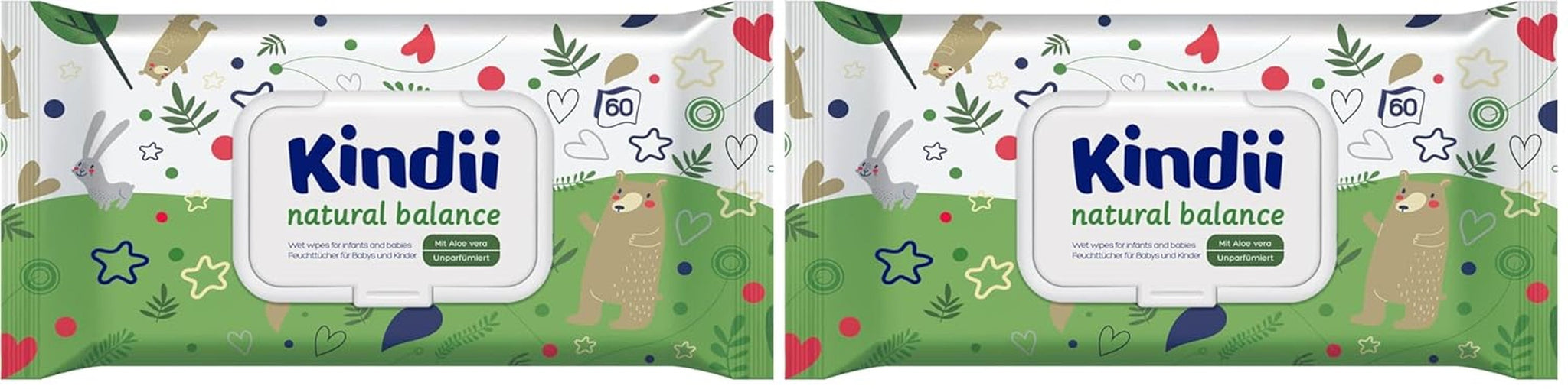 Lingettes humides Kindii Natural Balance pour bébés – (1 x 60 pcs.) Lingettes humides pour bébés et enfants – Protectrices, Aloe Vera, Parfum délicat – 60 pcs.