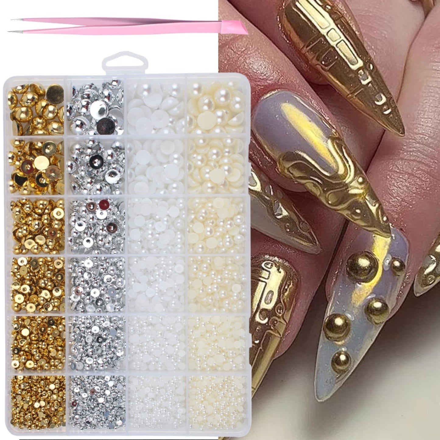 GZMAYUEN 920 pièces perles à dos plat or argent pour ongles, perles à ongles demi-brun blanc beige, petites perles à dos plat demi-brun pour décoration d'art d'ongle bricolage