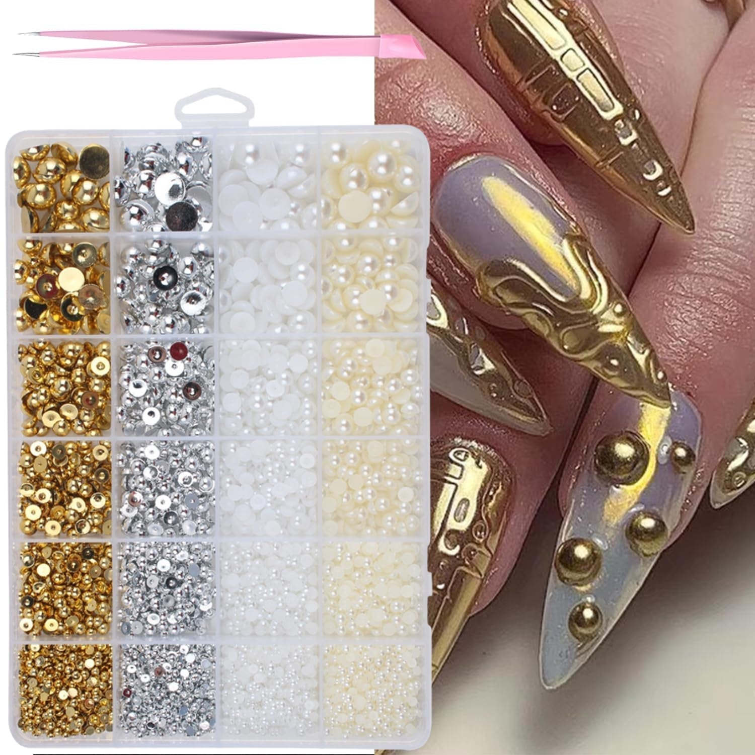 GZMAYUEN 920 pièces perles à dos plat or argent pour ongles, perles à ongles demi-brun blanc beige, petites perles à dos plat demi-brun pour décoration d'art d'ongle bricolage