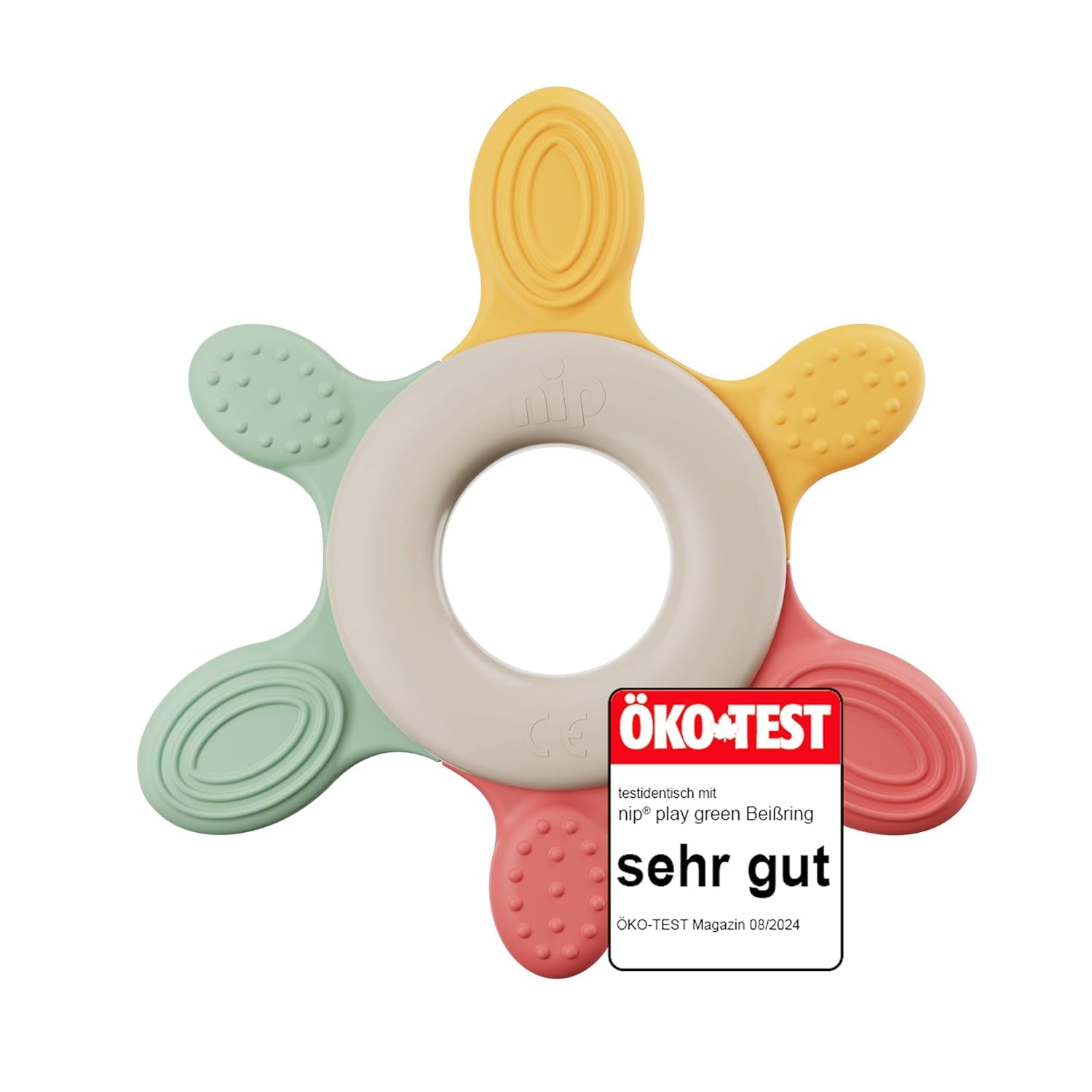 pincement – ​​Anneau de dentition | Anneau de dentition durable pour bébés à partir de 3 mois, composé à plus de 65 % de matières premières naturelles. Pour un massage doux des gencives, de la langue et des dents | Rouge/Vert/Orange