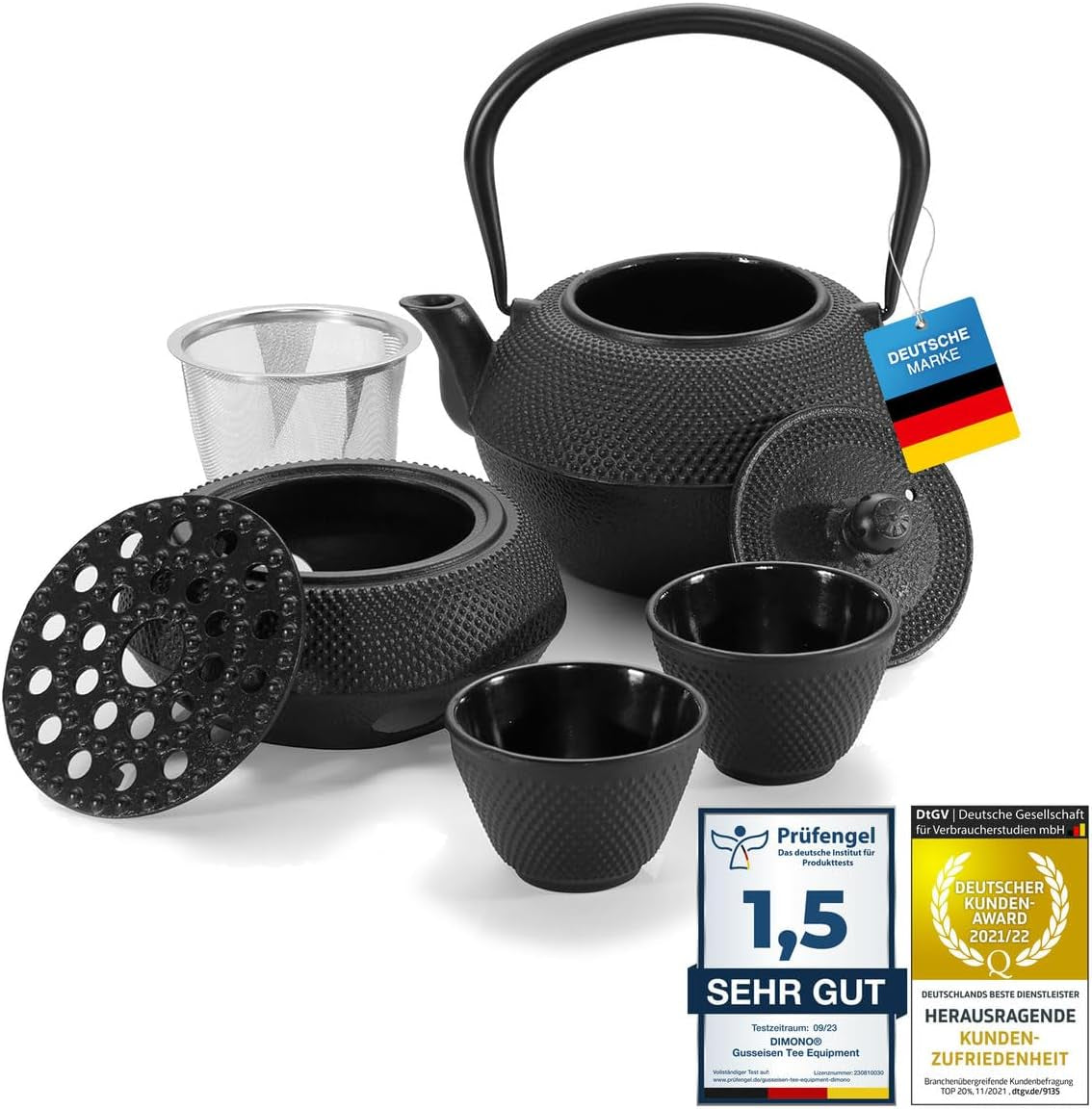 Service à thé traditionnel en fonte Dimono : théière, réchaud et 2 tasses à thé