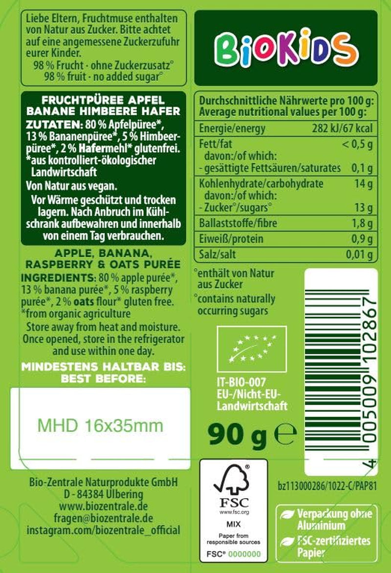 biocentral BioKids Purée de fruits Pomme Banane Framboise Avoine | 12x90g | Snack fruité sans sucre ajouté | Végétalien