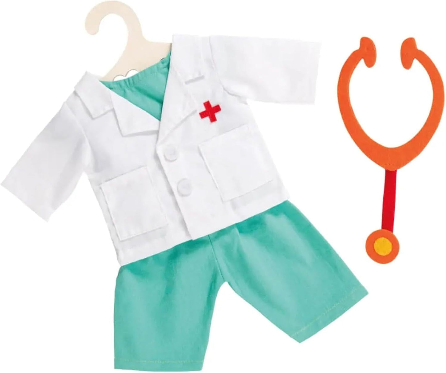 Heless 1653 - Ensemble de vêtements de poupée, costume de médecin 4 pièces avec pantalon, chemise, blouse de médecin et stéthoscope, taille 28 - 35 cm