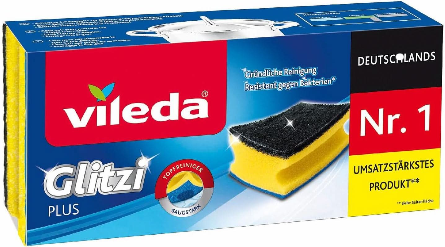 Vileda Glitzi, éponge à vaisselle pour la cuisine, à effet antibactérien, très absorbante, pack de 18 détergents de cuisine Naty Shop