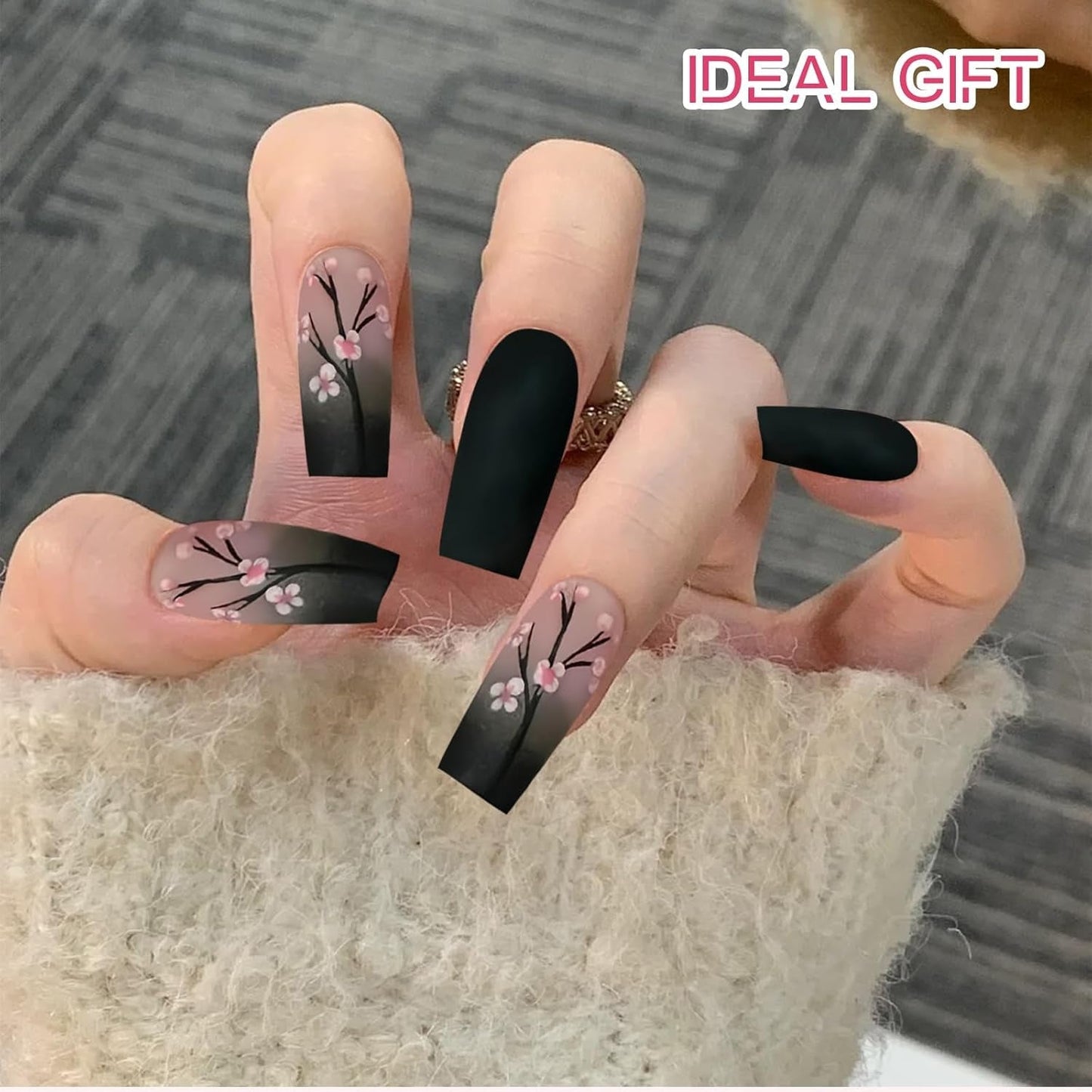 24 pièces automne noir français presse ongles rose fleur longs ongles colle sur faux ongles automne faux ongles ensemble avec accessoires