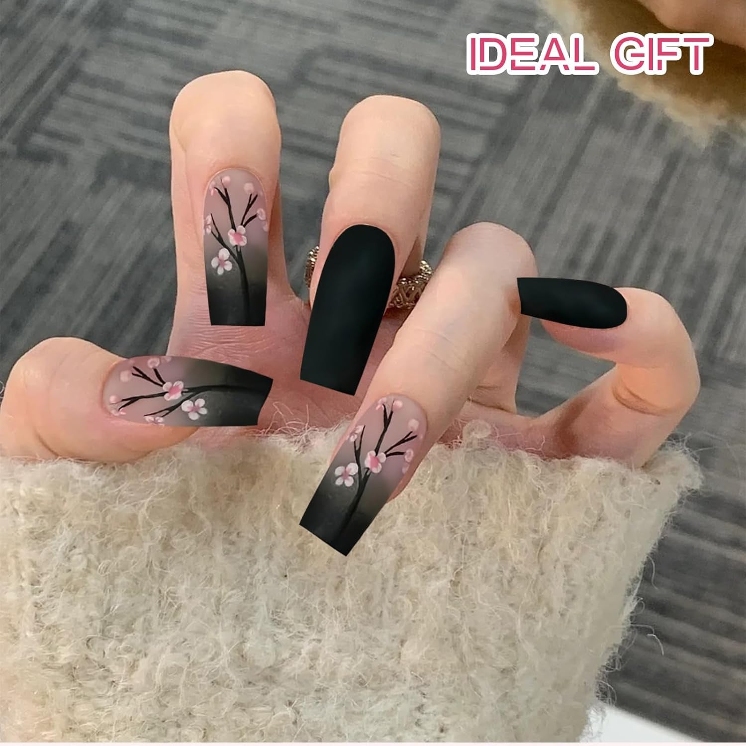 24 pièces automne noir français presse ongles rose fleur longs ongles colle sur faux ongles automne faux ongles ensemble avec accessoires