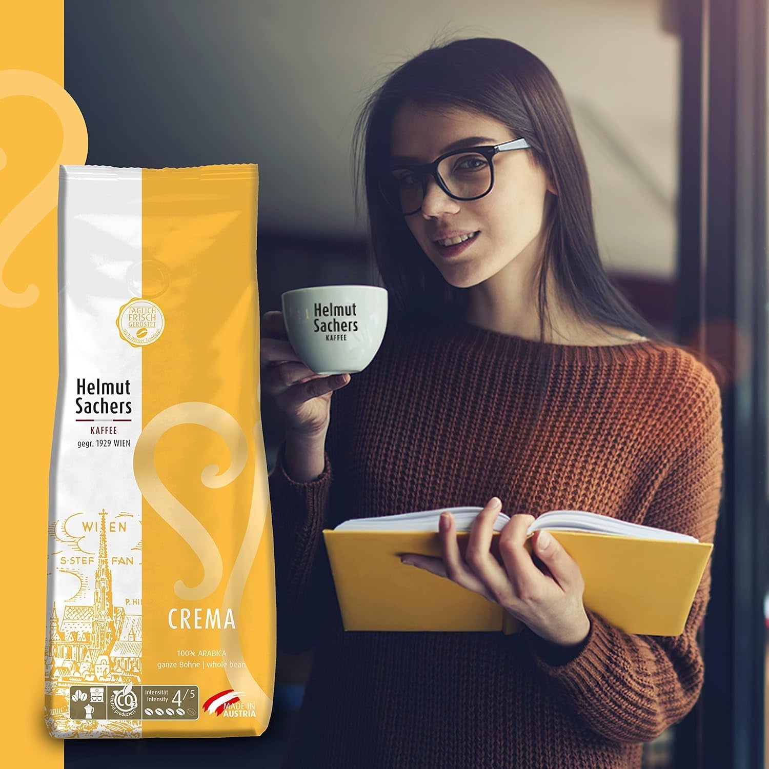 Café Helmut Sachers - Crème, Force 4/5, 100% Arabica, grains de café entiers, 6 x 500g