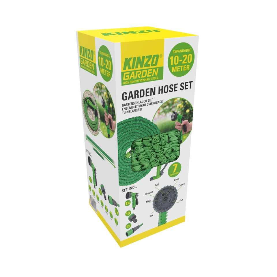 Tuyau d'arrosage flexible Kinzo 20 m - incl. Accessoire de tuyau - Tuyau flexible avec tête de pulvérisation avec 7 positions de pulvérisation - Plastique - Vert/Gris