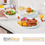 Service de table 12 pièces, service de table en porcelaine pour 4 personnes, service de table blanc avec assiettes, assiettes à dessert et bols à céréales