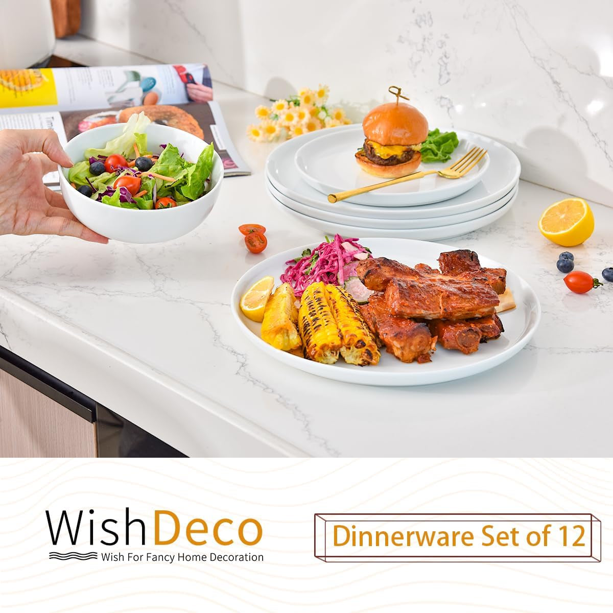 Service de table 12 pièces, service de table en porcelaine pour 4 personnes, service de table blanc avec assiettes, assiettes à dessert et bols à céréales