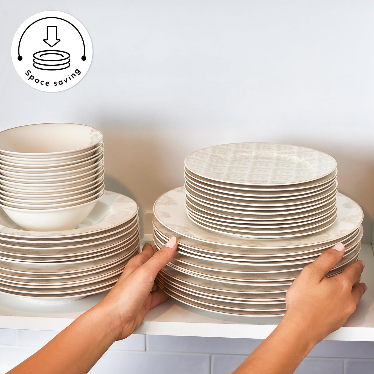 Karaca Elegance Bone Siena Service de table pour 12 personnes, service de table moderne en porcelaine, service de table avec bols à soupe, plateau de service, assiettes creuses, assiettes à dessert – Blanc et doré