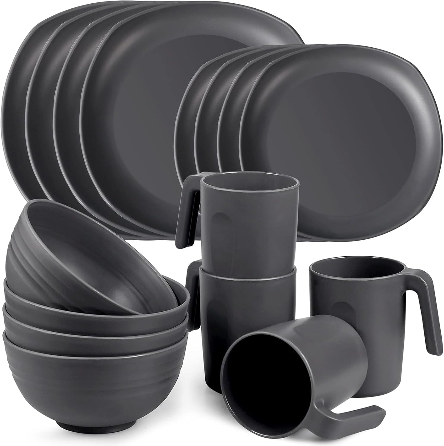Ensemble de vaisselle en PP | Service de table léger et indestructible de 16 pièces pour enfants et adultes, 4 assiettes, 4 assiettes à dessert, 4 bols, 4 tasses, ensemble combiné pour 4 personnes