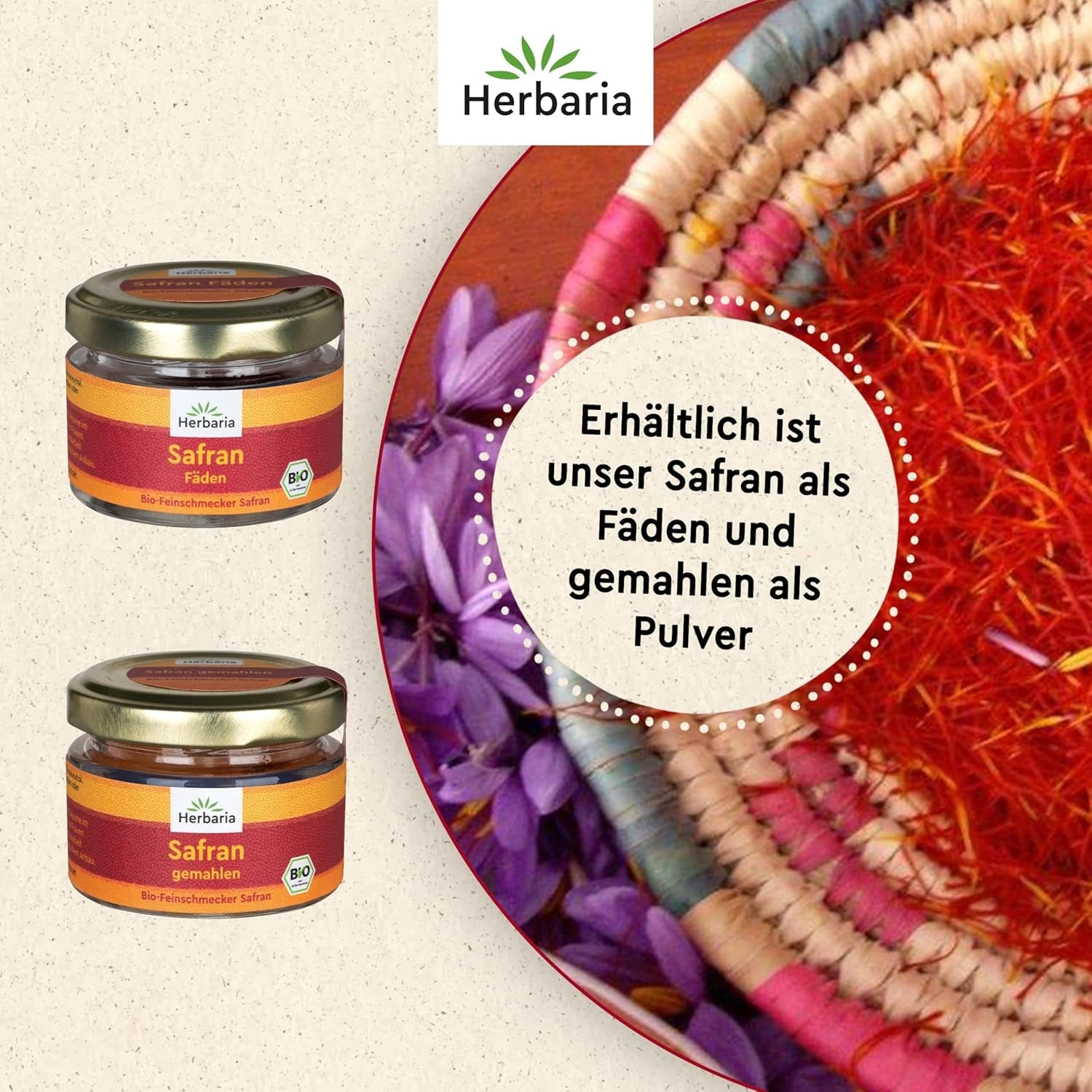 Herbaria Safran-Fäden bio 0,5g im Glas – Bio Safran-Fäden aus dem bereicht Safran-Ort Taliouine in Marokko – Safranfäden in Premium Bio-Qualität – Saffron Premium - Safran première catégorie